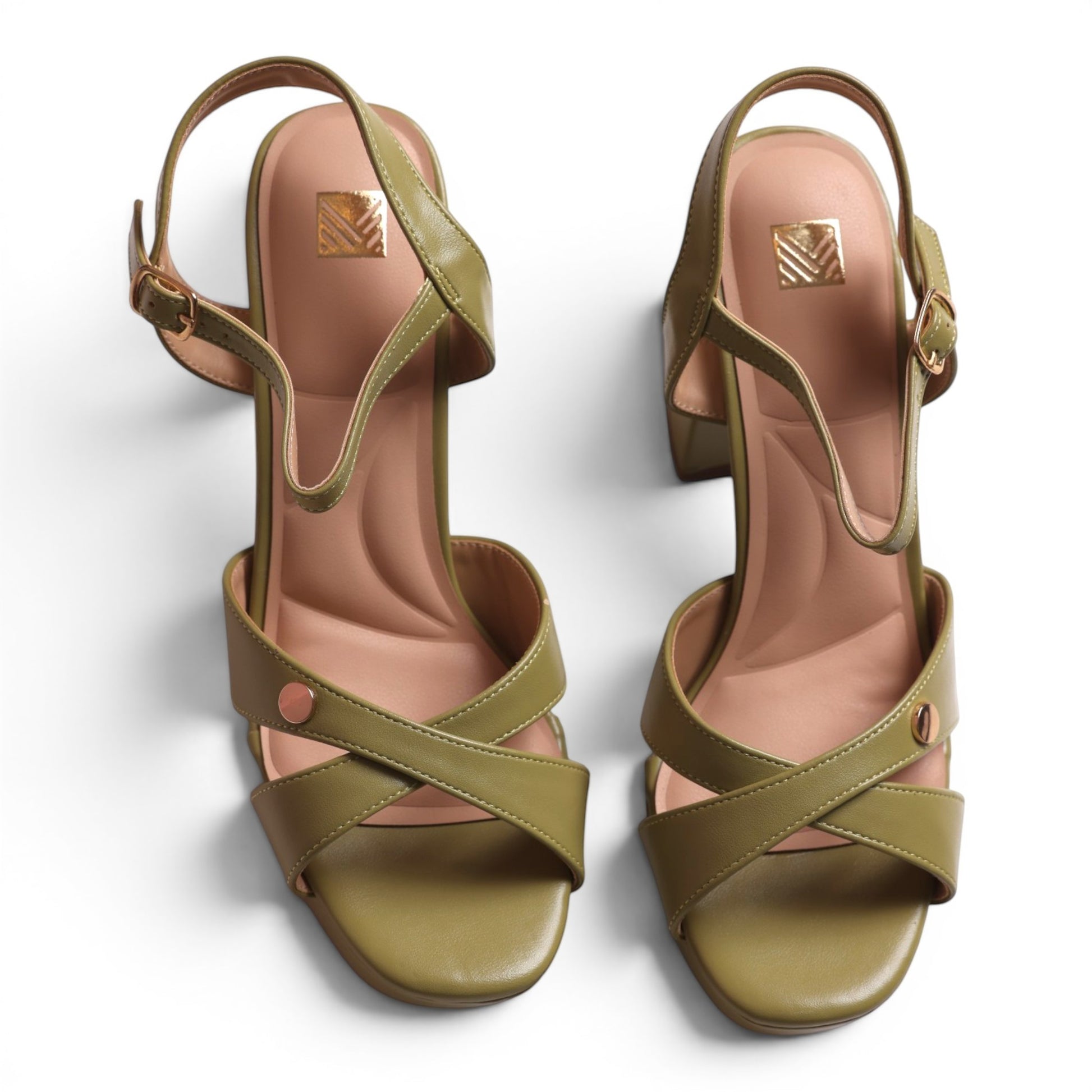 Moda Ug olive green faux leather block heel sandals with criss-cross straps and ankle buckle.
