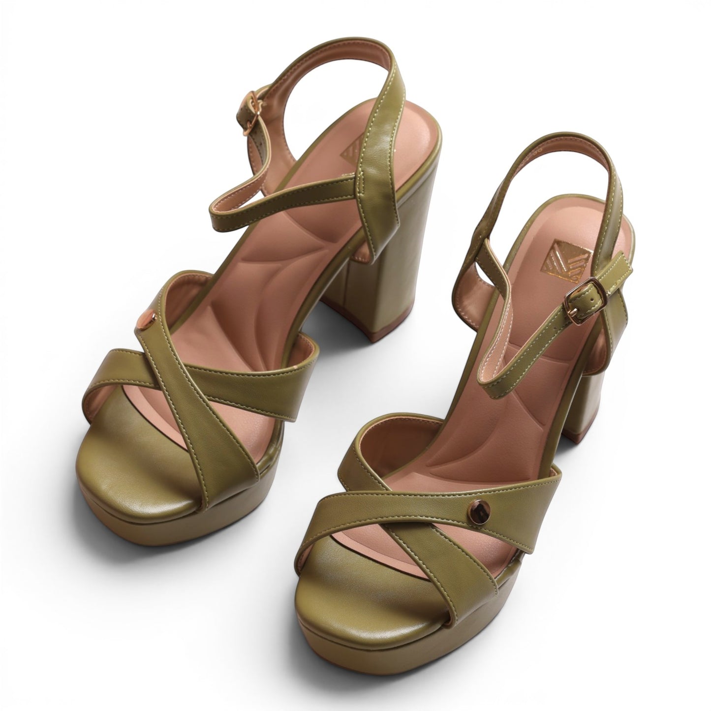Moda Ug olive green leather platform sandals with criss-cross straps and block heel.