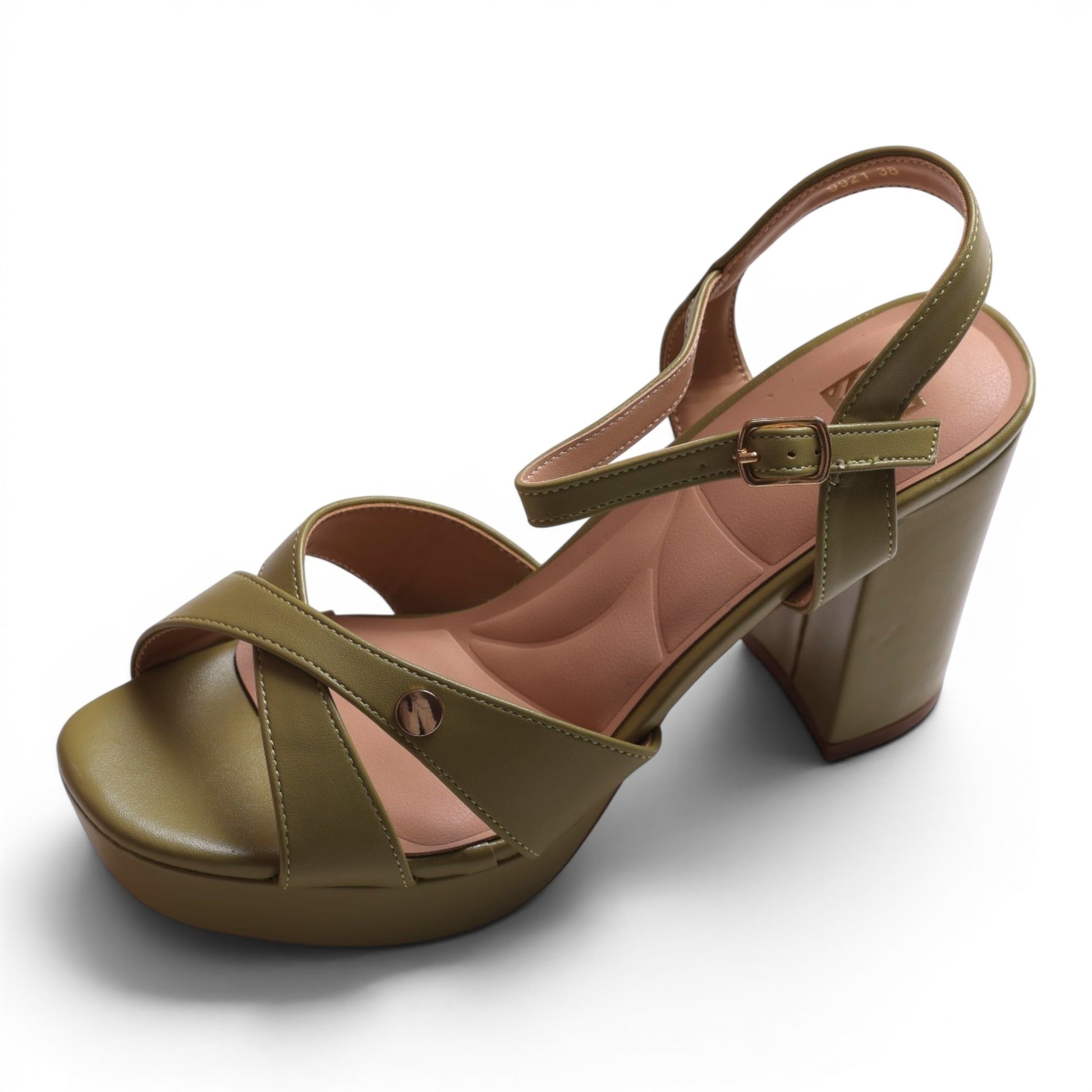 Moda Ug olive green leather platform sandals with criss-cross straps and buckle ankle strap.