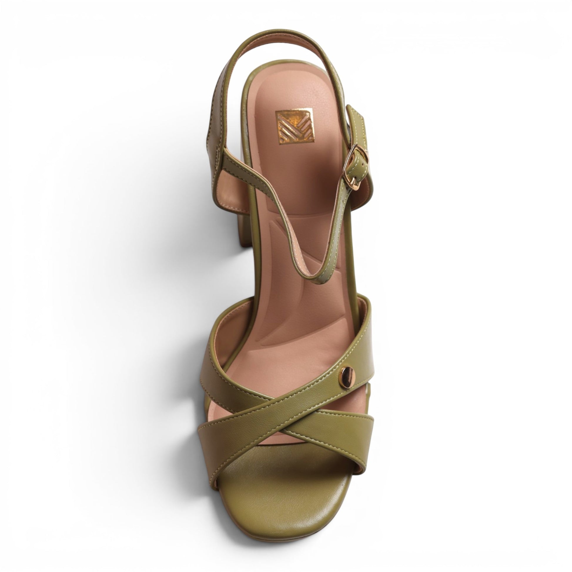 Moda Ug olive green leather criss-cross strap block heel sandals with buckle closure.
