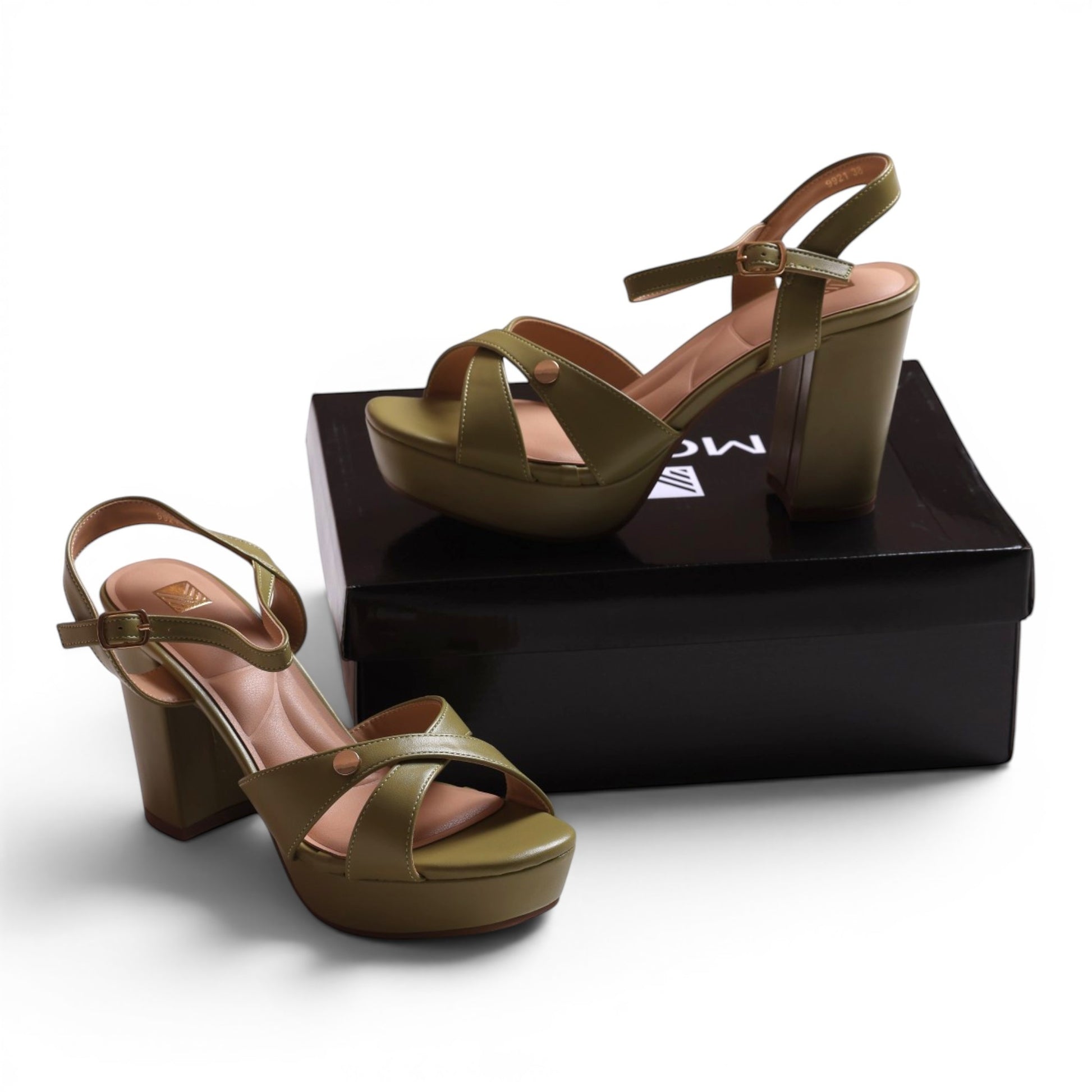 Moda Ug olive green faux leather platform sandals with criss-cross straps and ankle buckle.