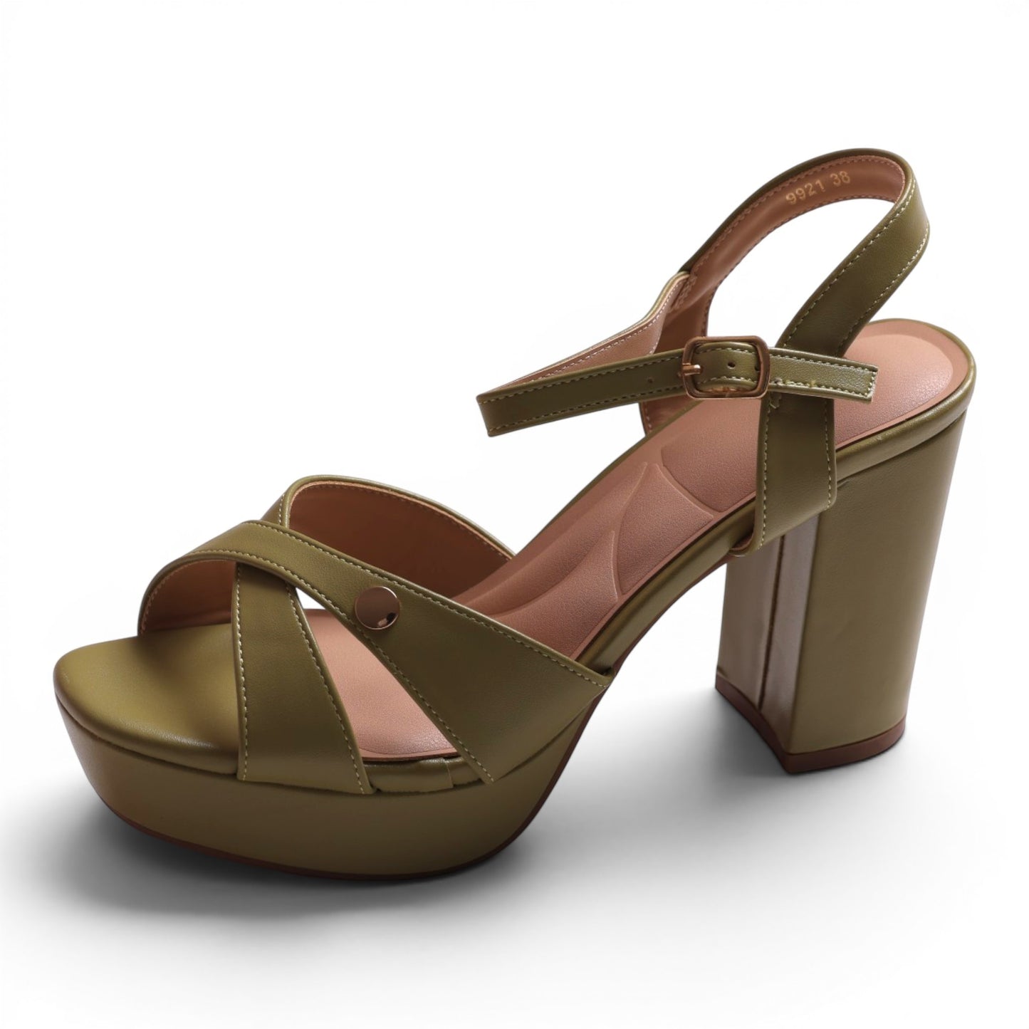Moda Ug olive green criss-cross platform sandals with ankle strap and buckle closure. Chunky block heel.