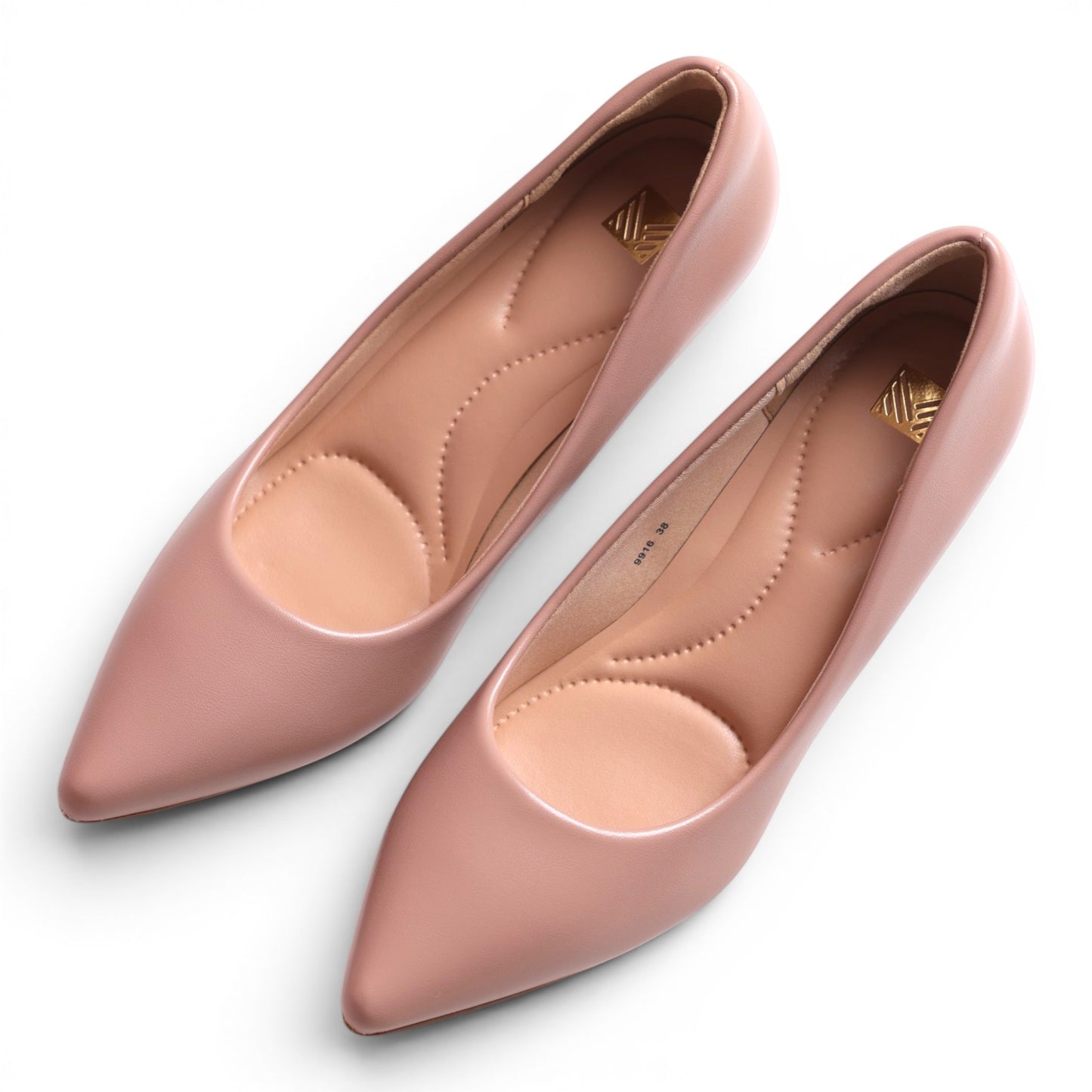 Moda Ug pink pointed-toe ballet flats with cushioned insoles and gold logo detail.