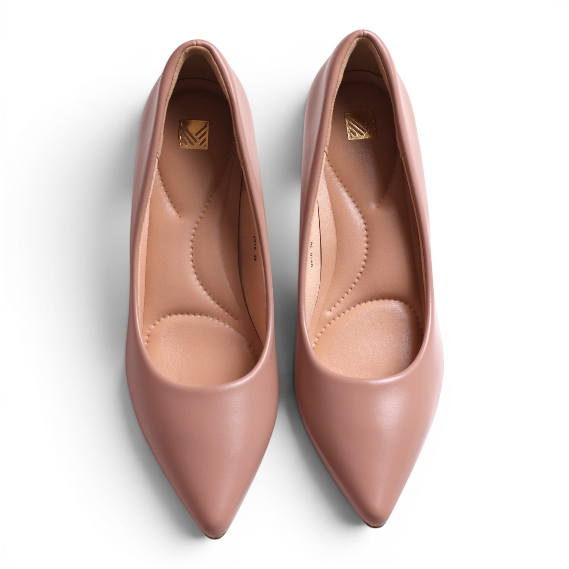 Moda Ug women's blush pink pointed-toe ballet flats with cushioned insoles and gold logo detail.