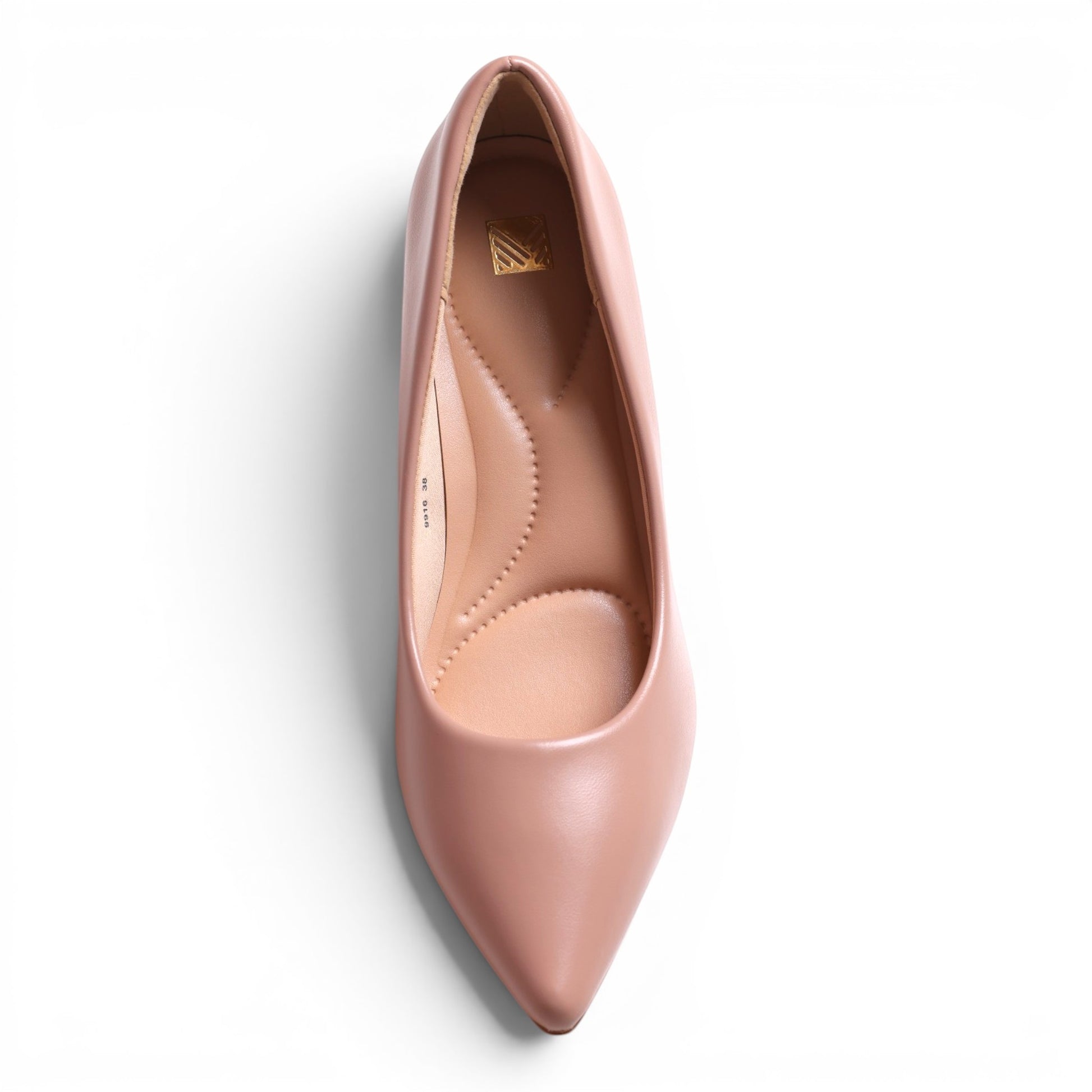 Moda Ug pink pointed-toe ballet flats with cushioned insole and gold logo detail.