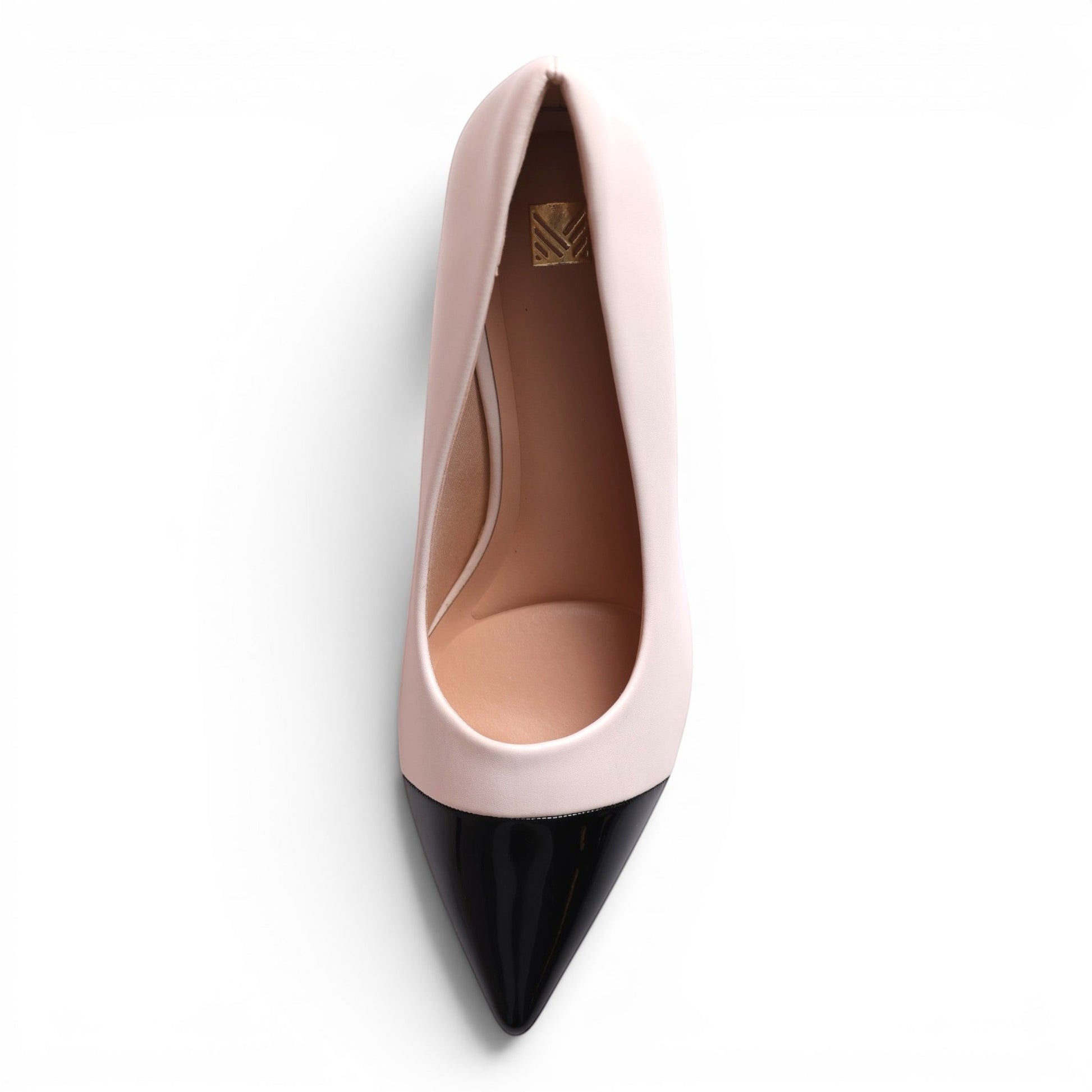 Moda Ug women's two-tone pointed-toe pumps in pink and black patent leather.