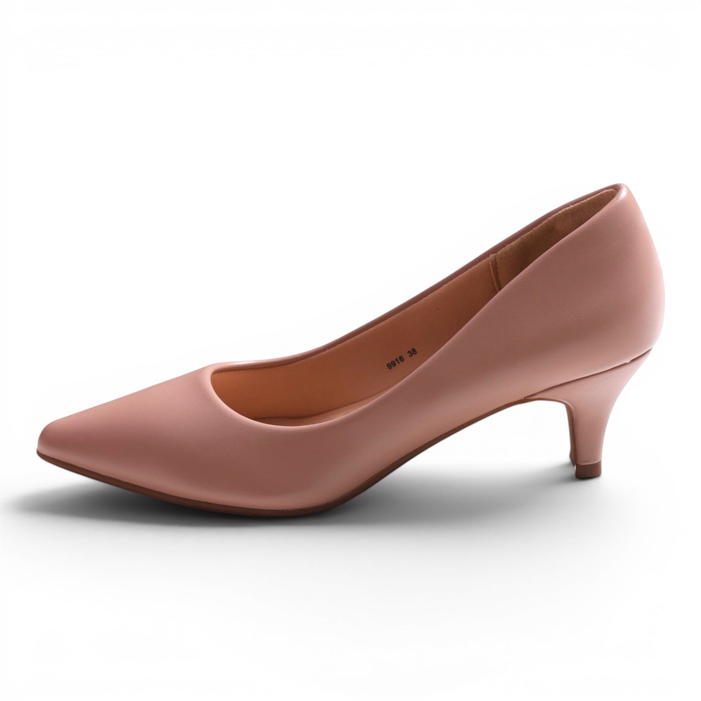 Moda Ug pink pointed-toe kitten heel pumps with a low heel and slip-on design.