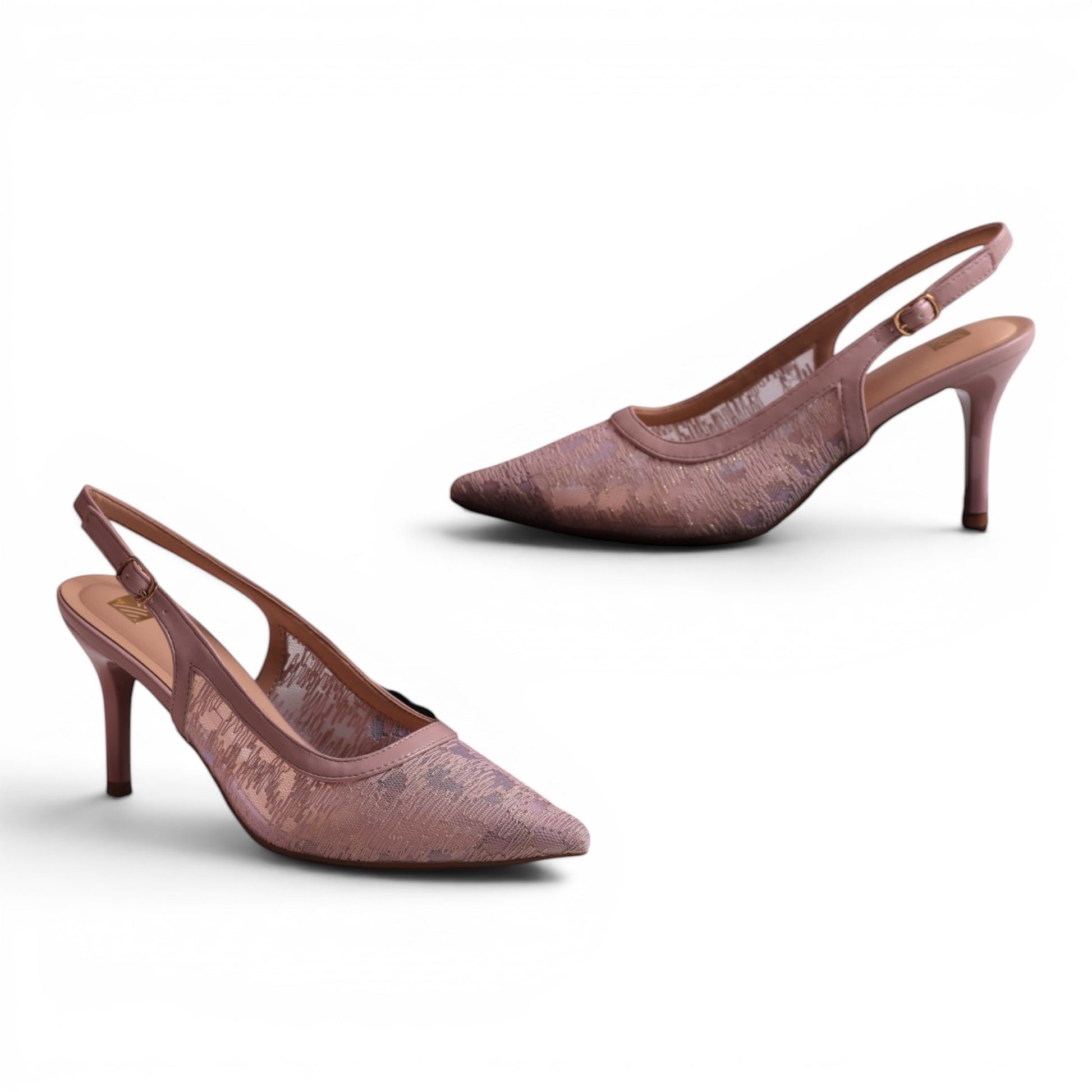 Moda Ug pink lace slingback heels with pointed toe and adjustable ankle strap.