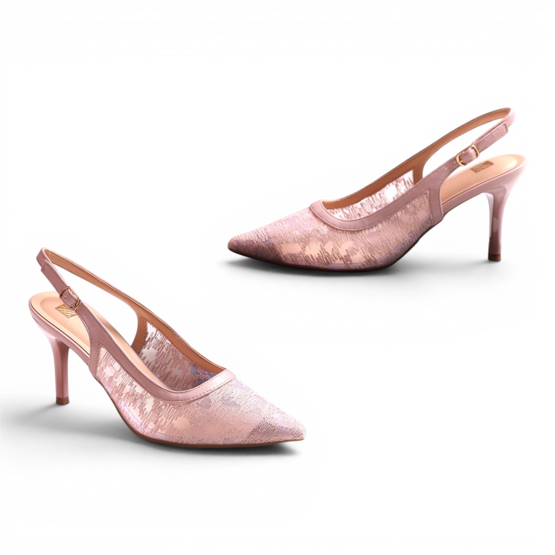 Moda Ug pink lace slingback pointed-toe heels with adjustable ankle strap and stiletto heel.