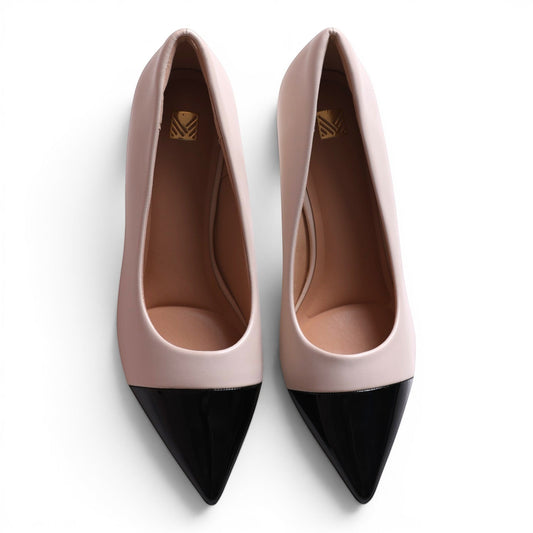 Moda Ug women's pink leather pointed-toe pumps with black patent cap toes. Style 9936.
