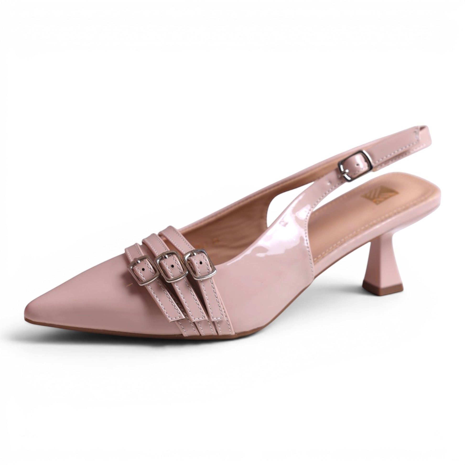Moda Ug pink patent leather slingback heels with pointed toe and triple buckle detail.
