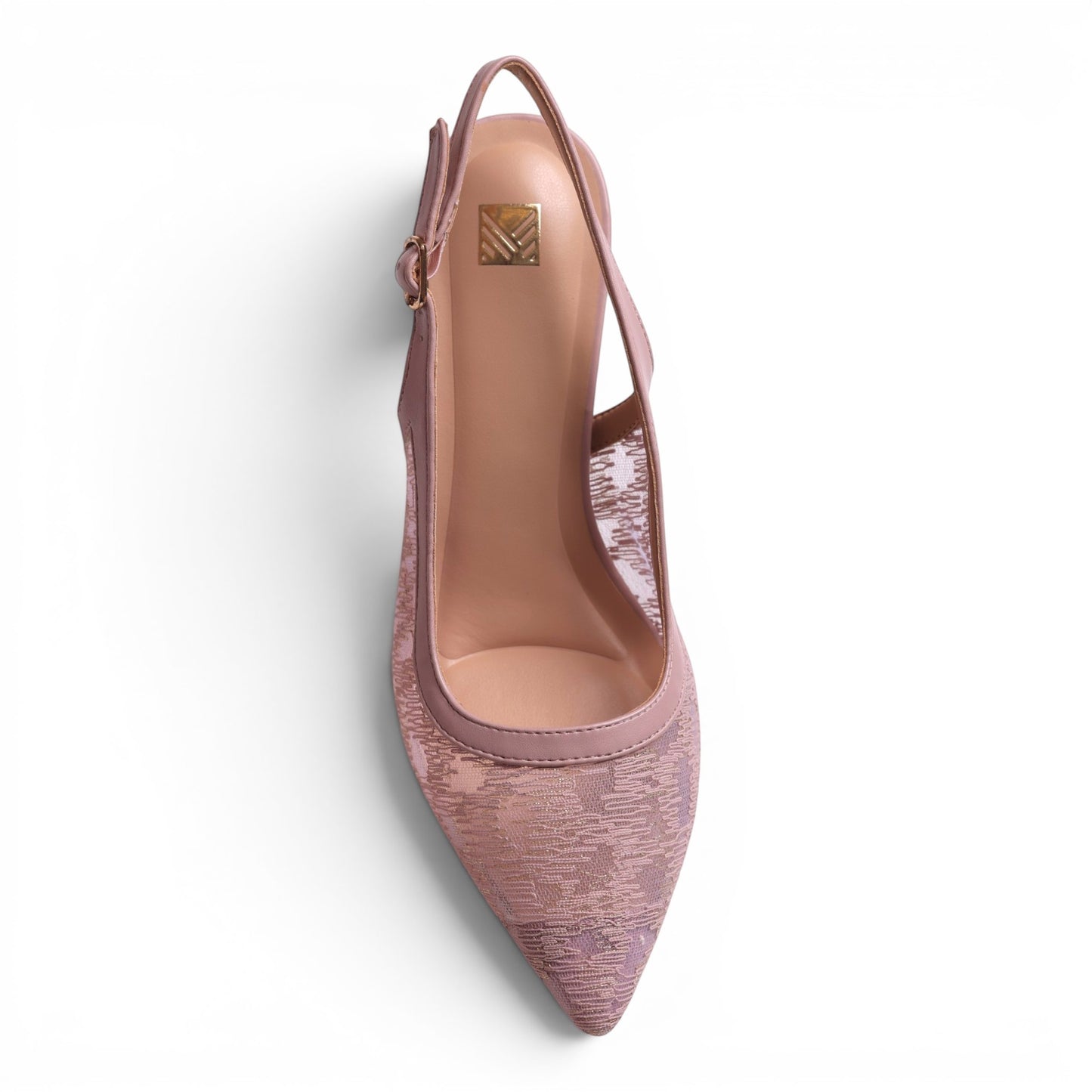 Moda Ug pink slingback pointed toe heels with lace overlay and buckle detail.