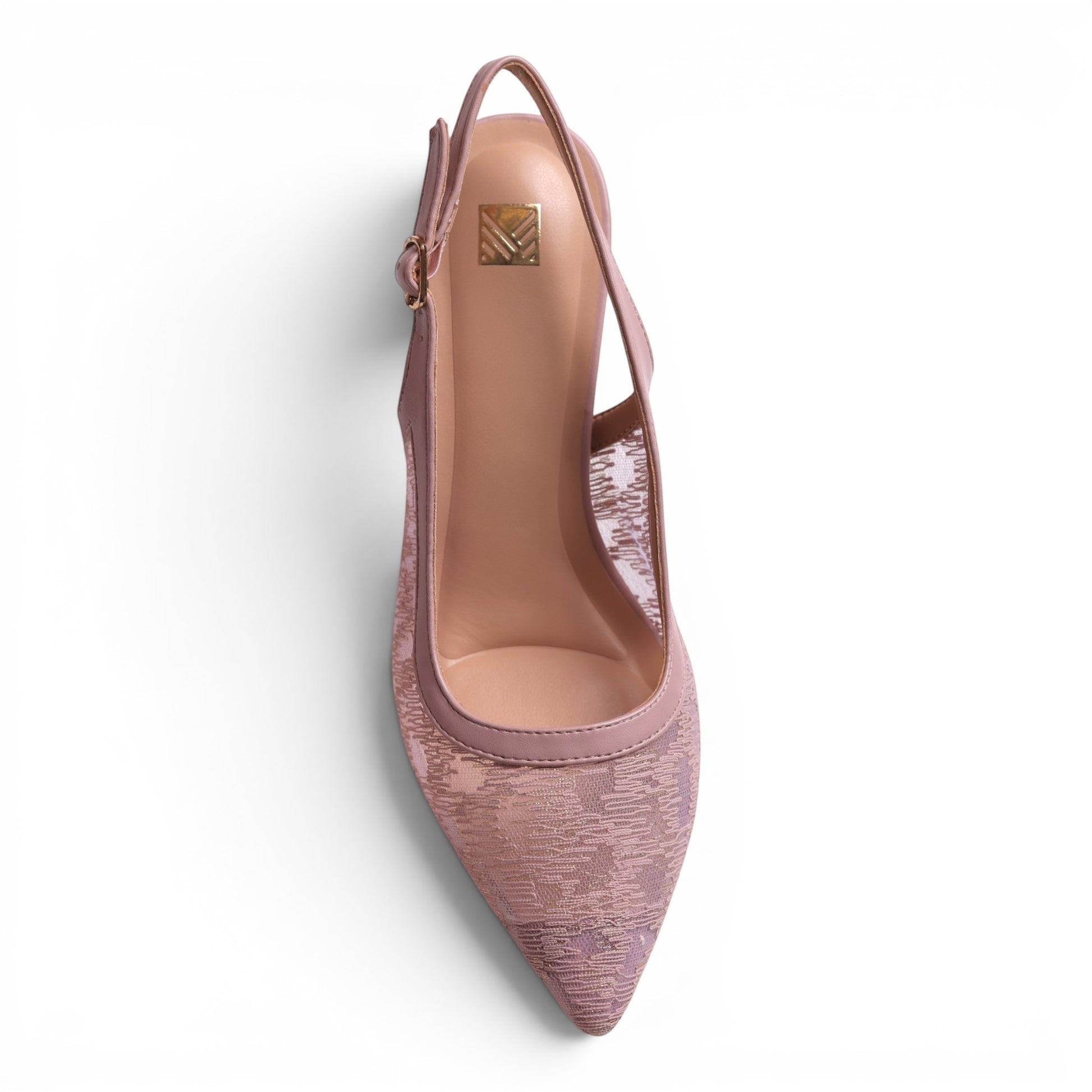 Moda Ug pink slingback pointed toe heels with lace overlay and buckle detail.