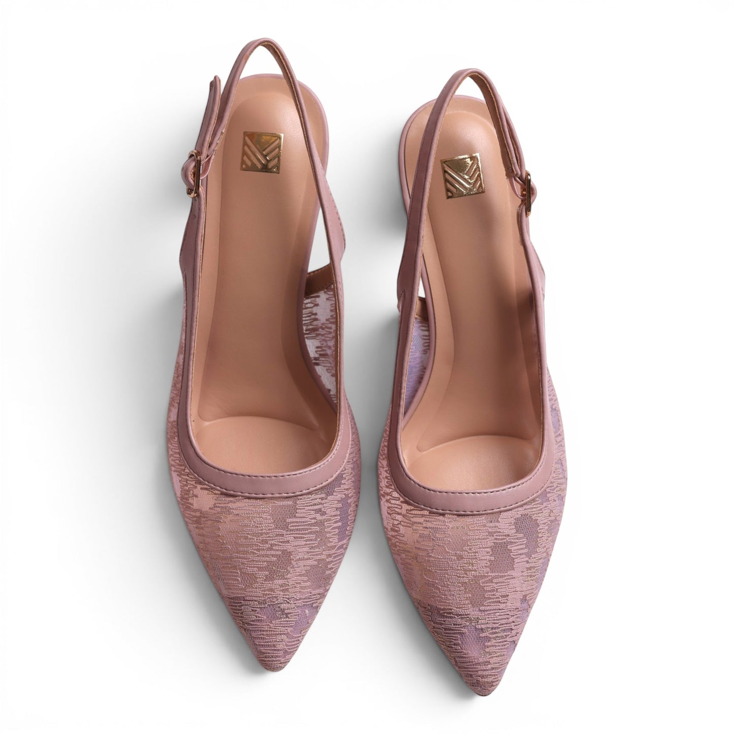 Moda Ug pink slingback heels with pointed toe and patterned mesh fabric. Features adjustable ankle strap and gold logo detail.