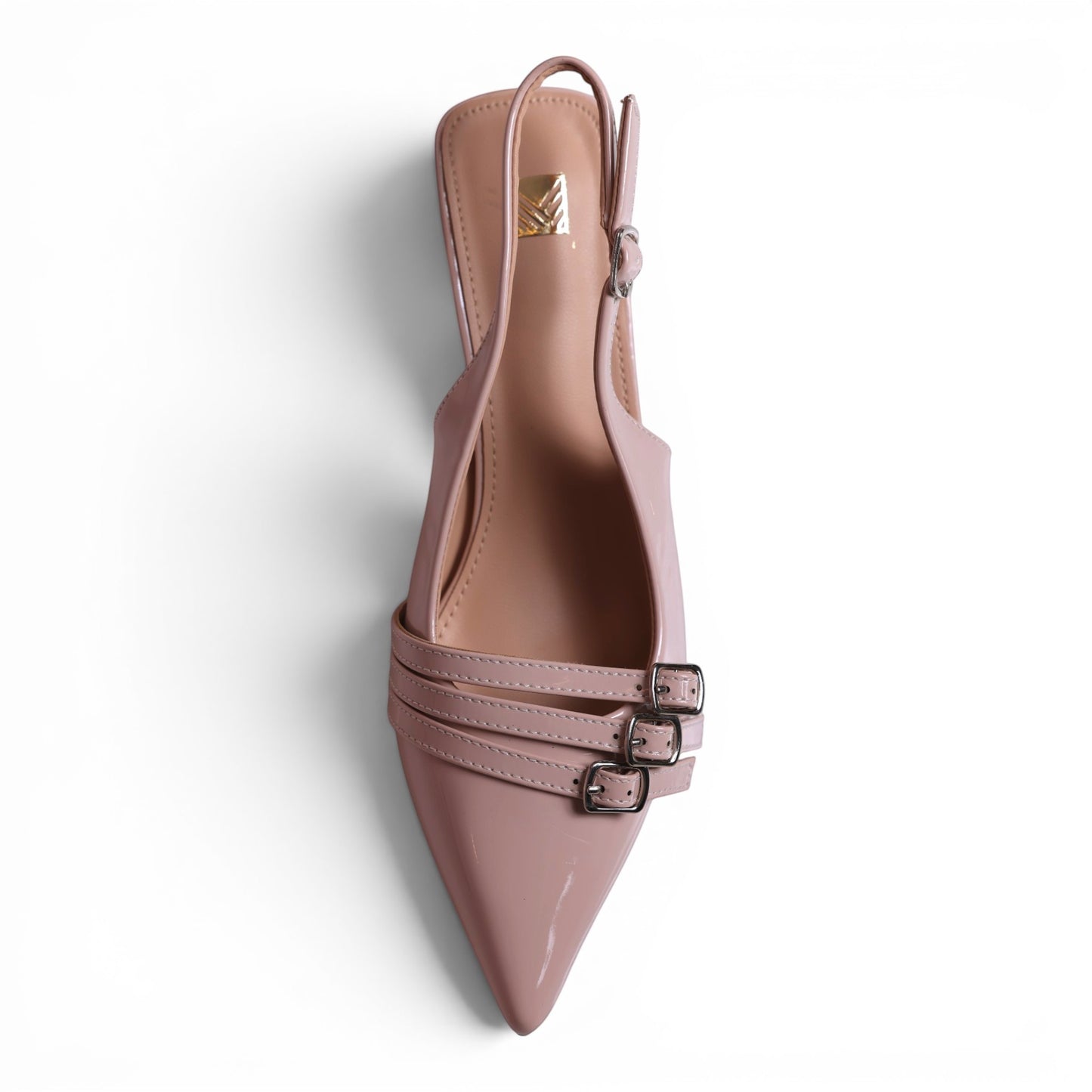 Moda Ug patent leather slingback pointed toe shoe with triple buckle detail in pale pink.