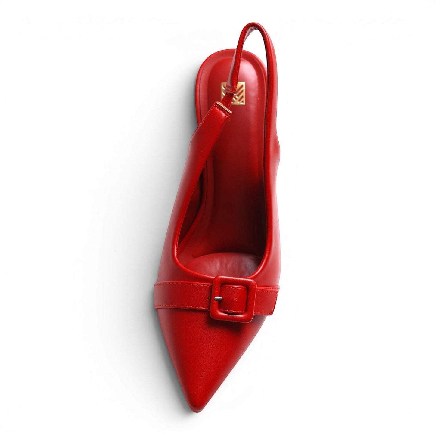 Moda Ug red faux leather pointed toe slingback high heel shoes with buckle detail and adjustable strap.