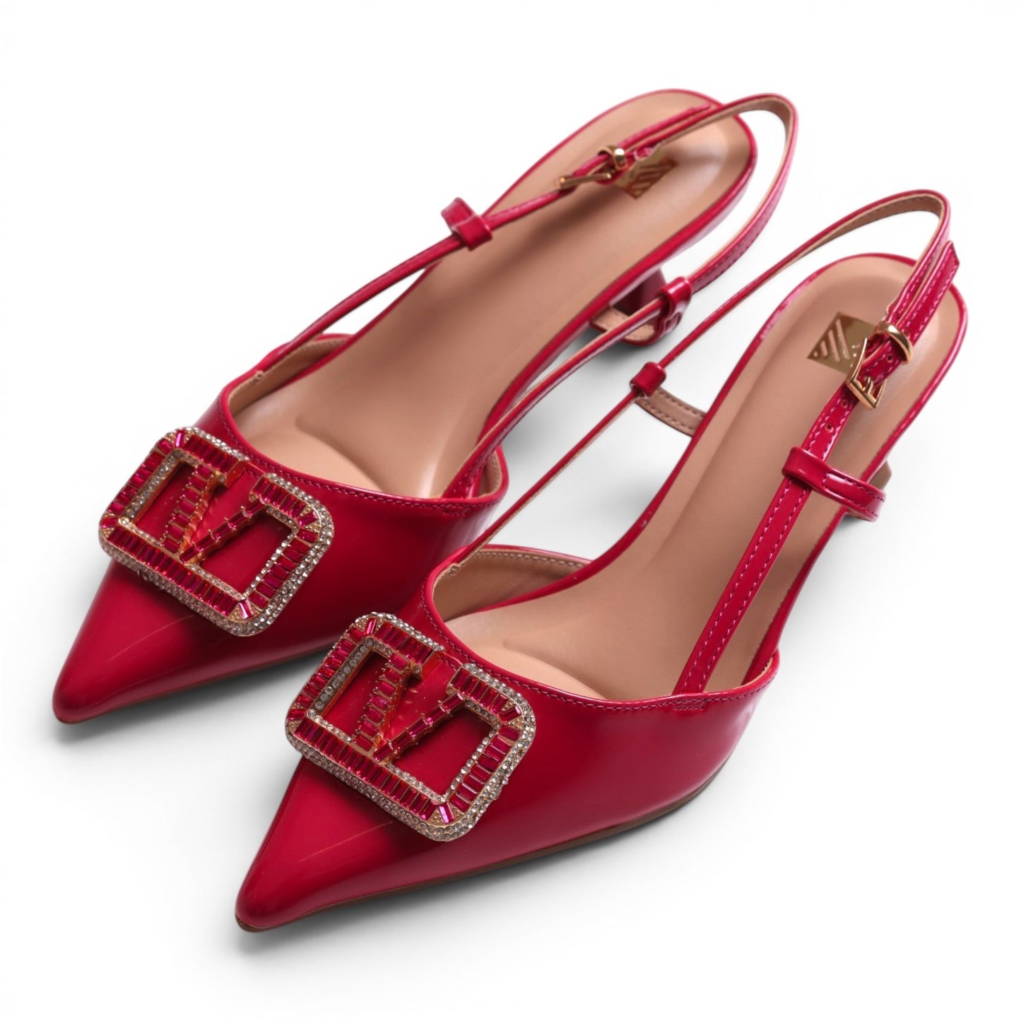 Moda Ug red patent leather slingback heels with crystal embellished buckle and pointed toe.