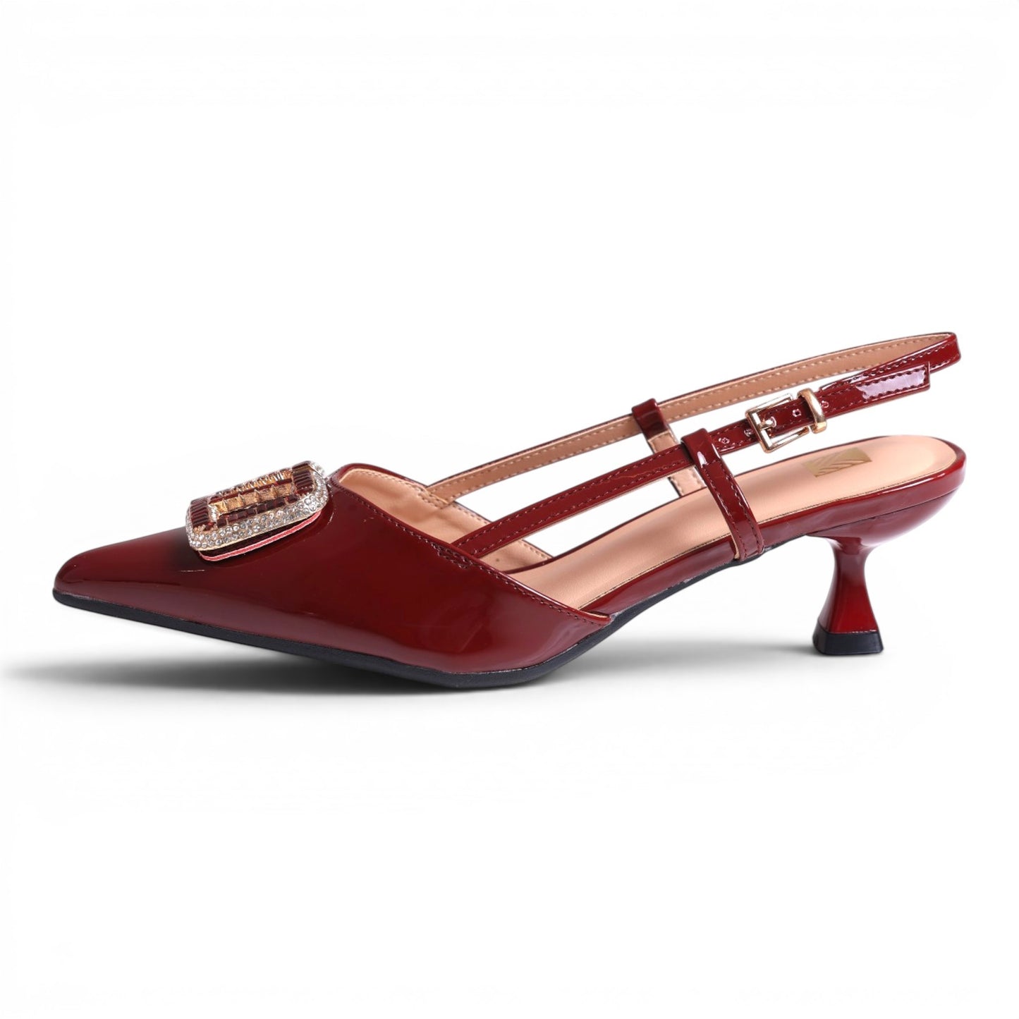 Moda Ug red patent leather slingback heels with pointed toe and decorative buckle detail.