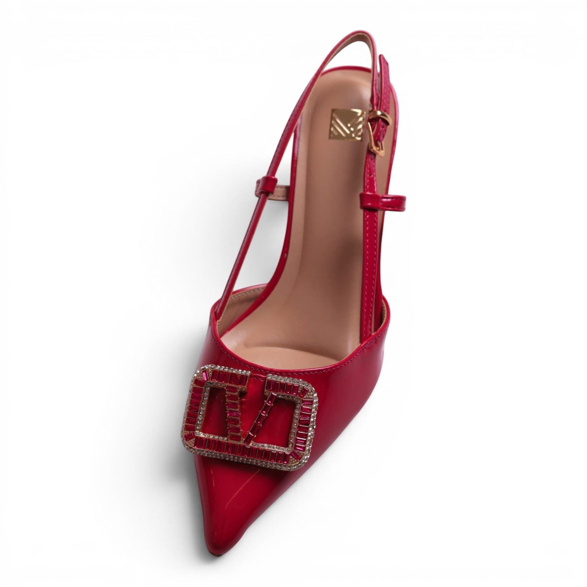 Moda Ug red patent leather slingback heels with pointed toe and crystal embellished buckle.