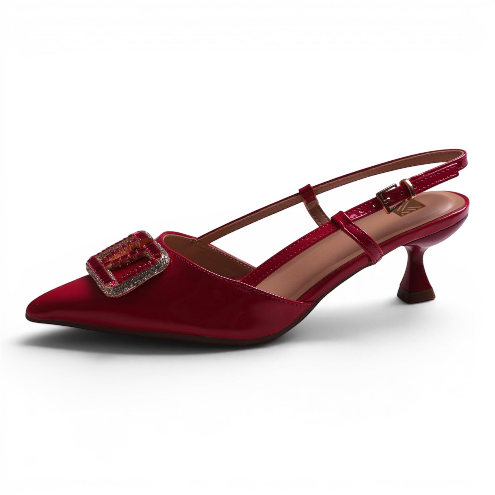 Moda Ug red patent leather slingback heels with pointed toe and decorative gem buckle.