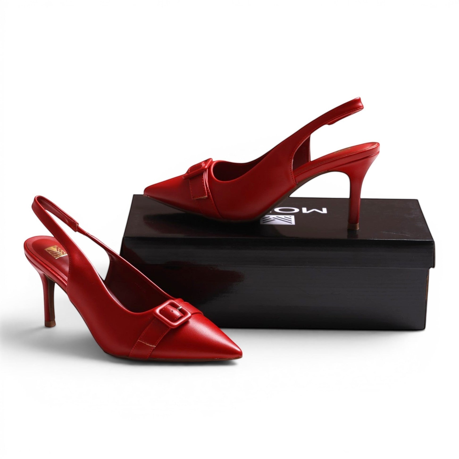 Moda Ug red faux leather pointed toe slingback high heel shoes with buckle detail and adjustable strap.