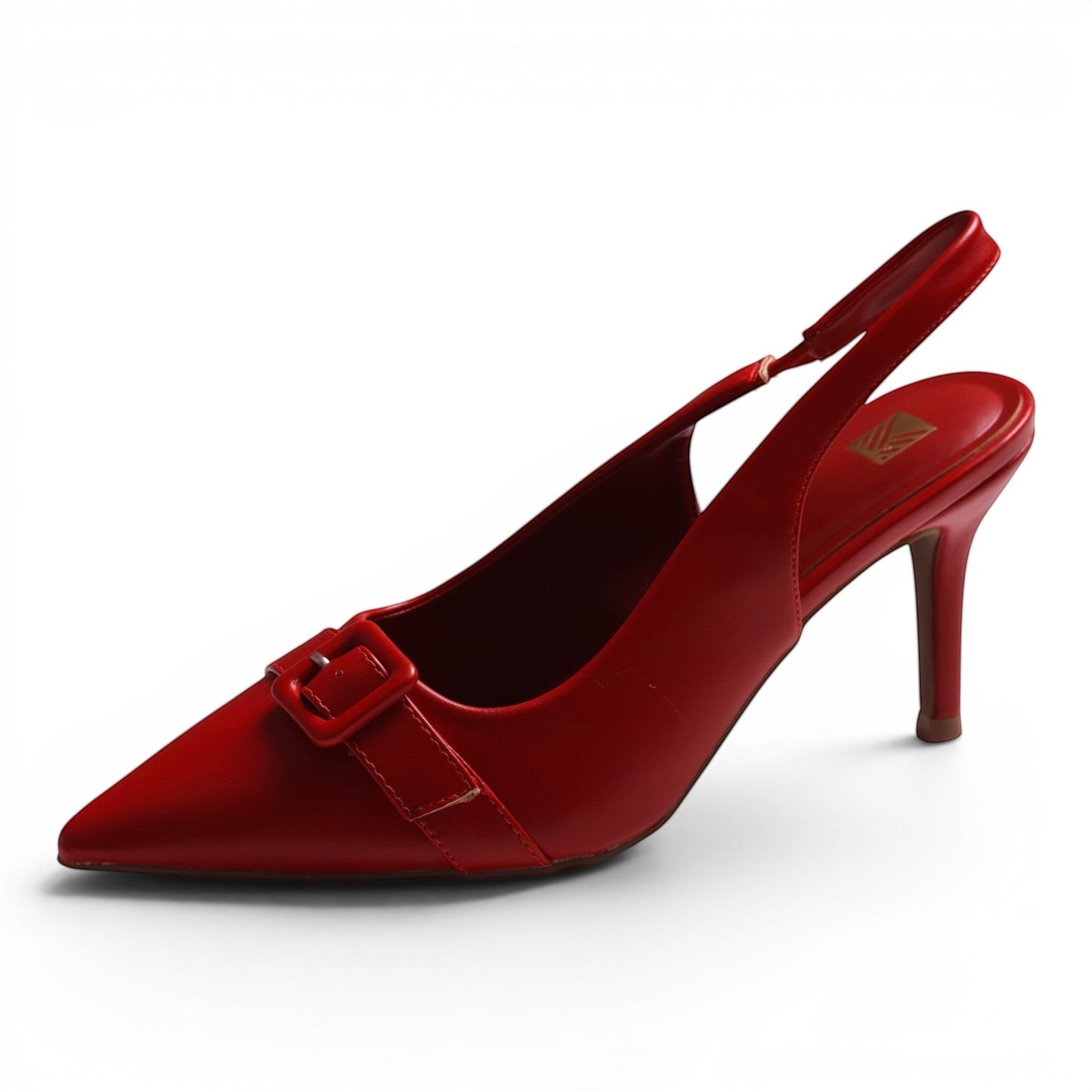 Moda Ug red faux leather pointed toe slingback high heel shoes with buckle detail and adjustable strap.