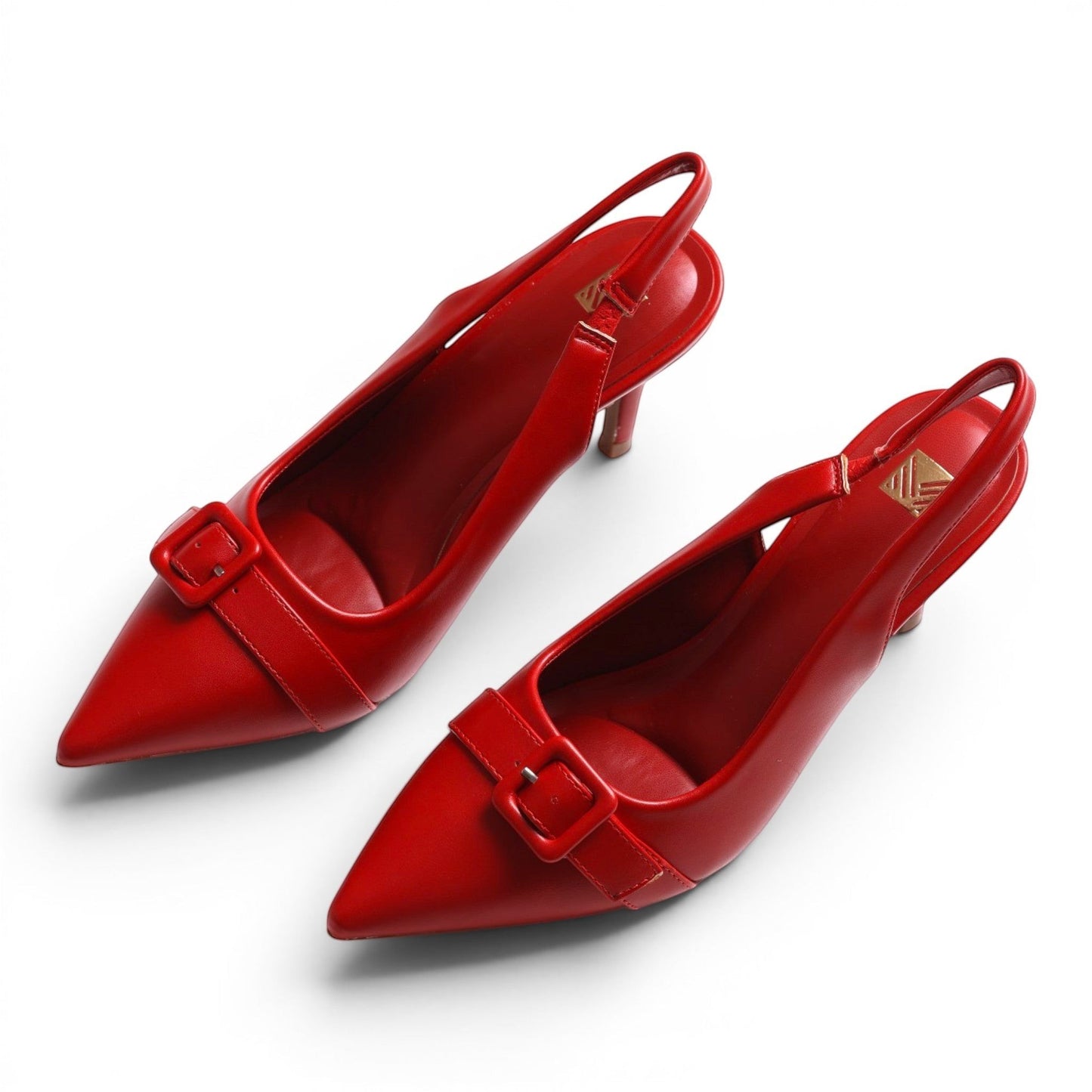 Moda Ug red faux leather pointed toe slingback high heel shoes with buckle detail and adjustable strap.