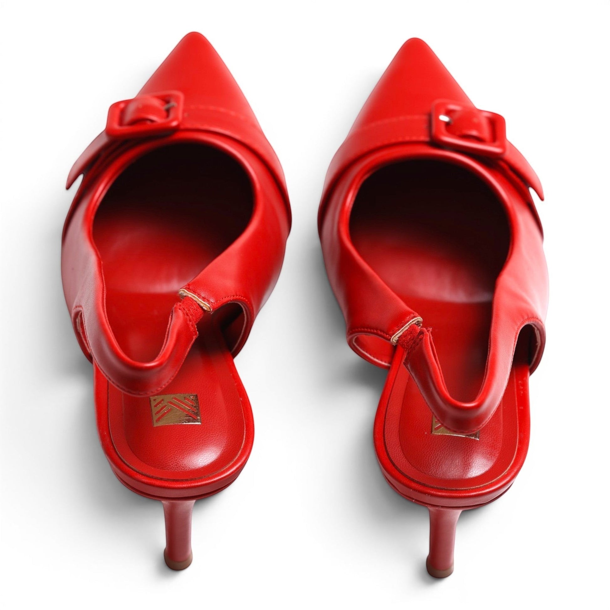 Moda Ug red faux leather pointed toe slingback high heel shoes with buckle detail and adjustable strap.