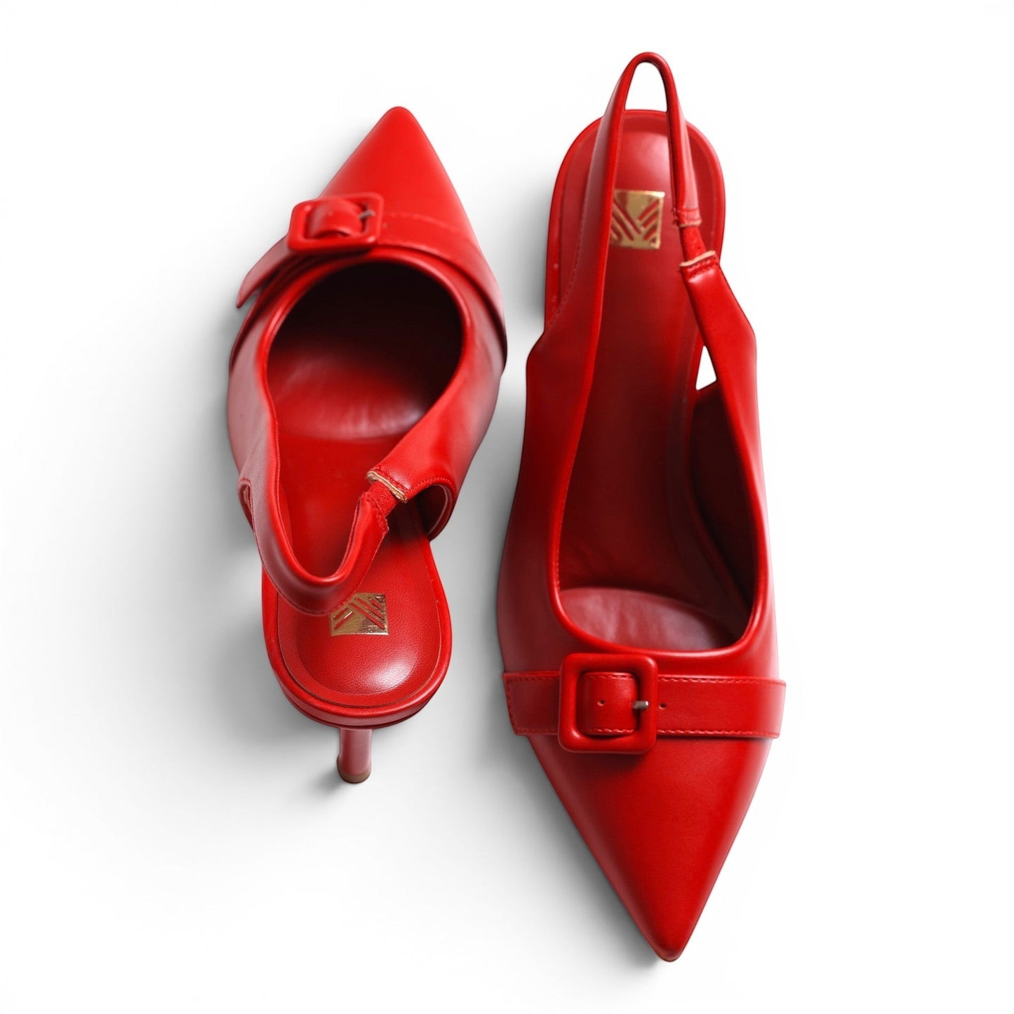 Moda Ug red faux leather pointed toe slingback high heel shoes with buckle detail and adjustable strap.
