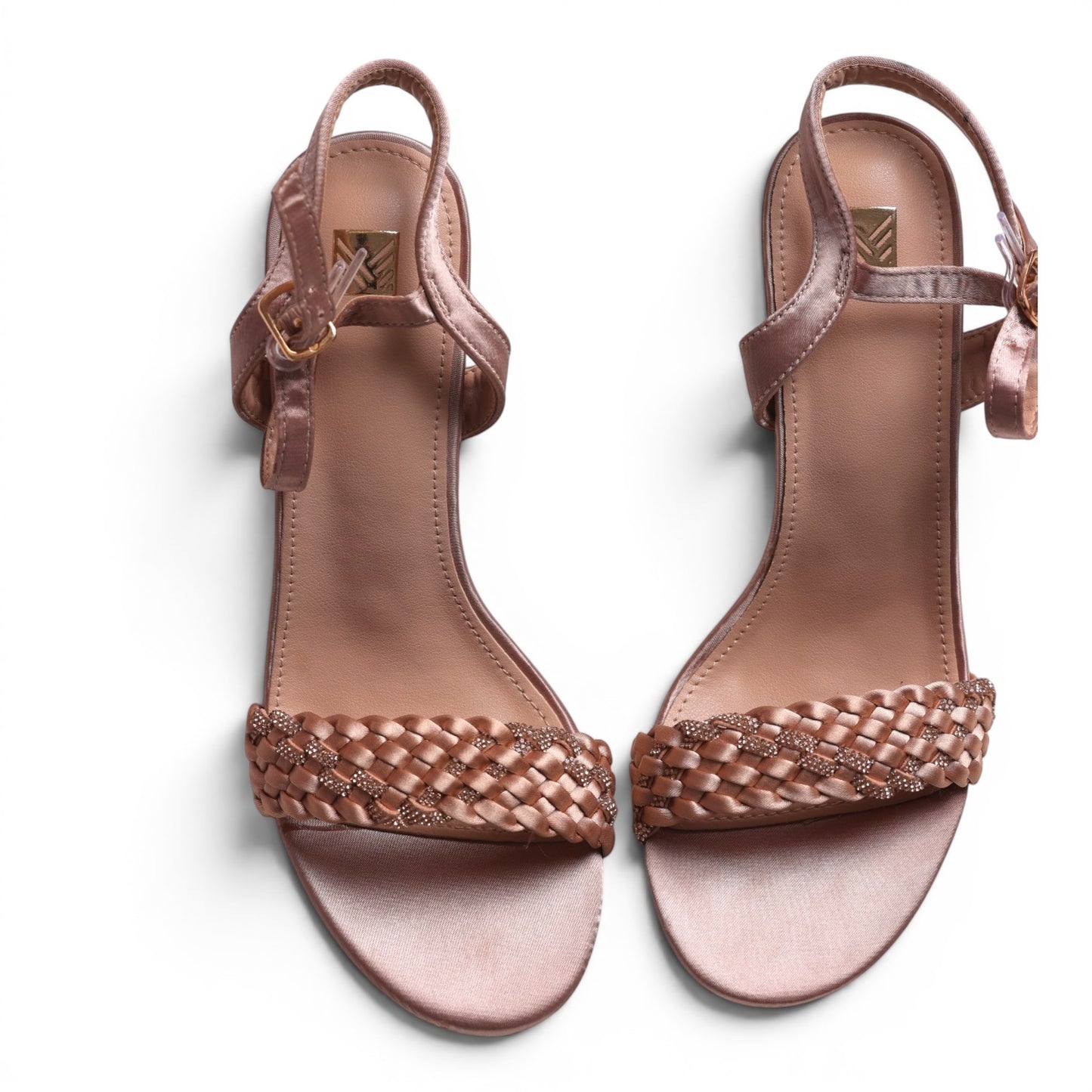 Moda Ug rose gold satin braided strap sandals with buckle ankle strap and embellished detail.