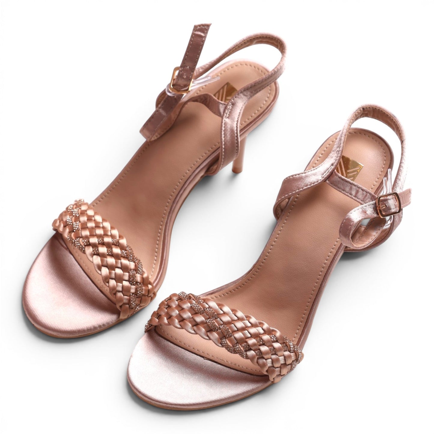 Moda Ug rose gold satin braided strap sandals with buckle ankle strap and small heel.