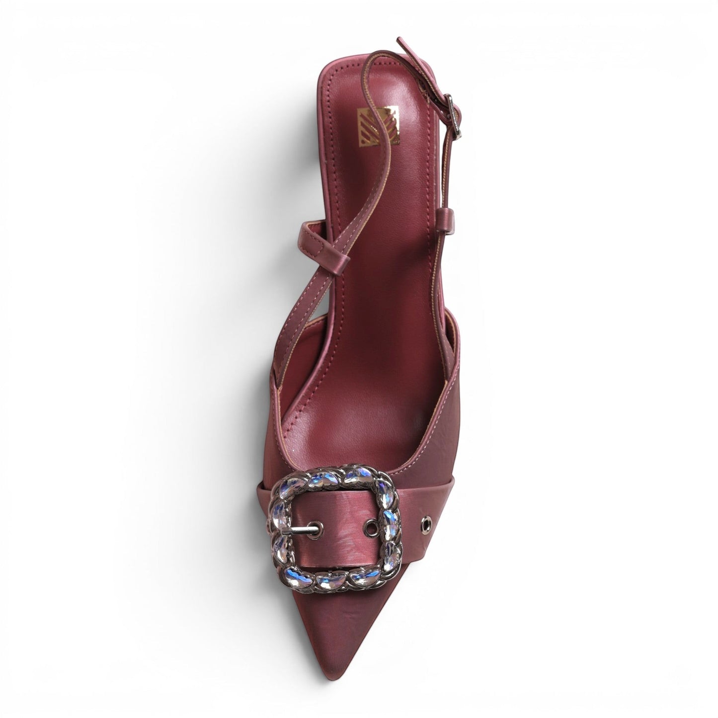 Moda Ug women's pointed-toe slingback heels in dusty rose satin with a crystal-embellished buckle and adjustable ankle strap.
