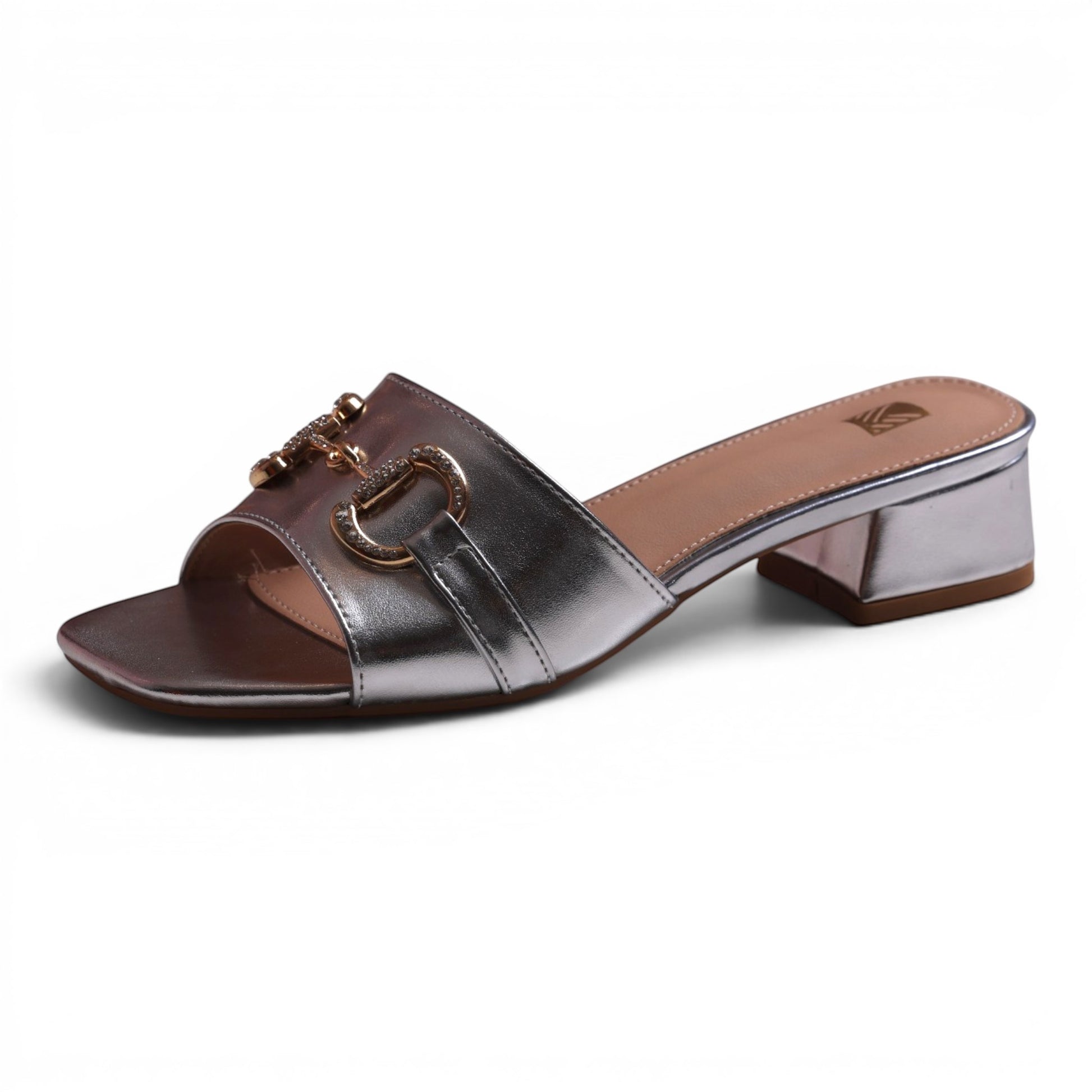 Moda Ug silver metallic mule sandals with a square toe and gold horsebit detail with rhinestones.