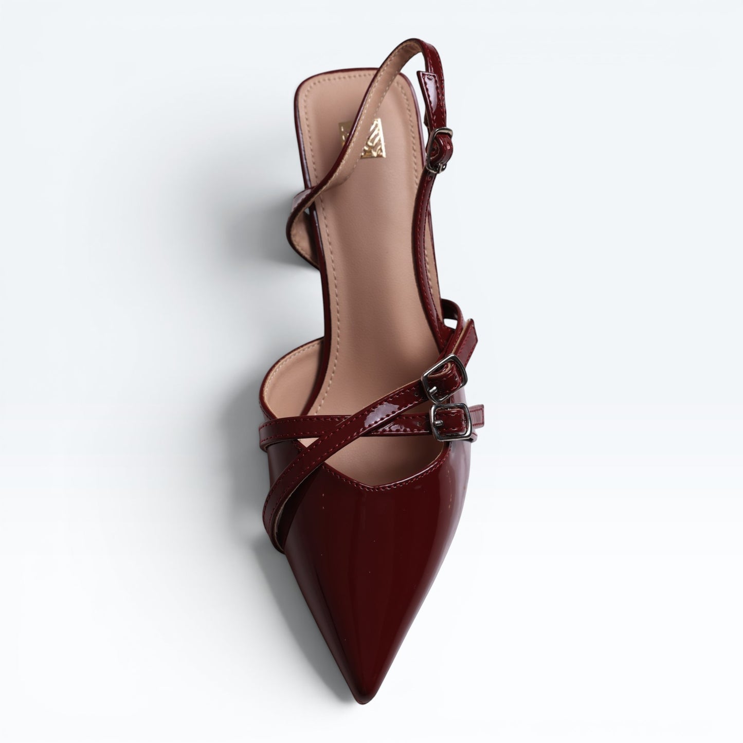 Moda Ug patent wine-red burgundy & black multi-strap slingback heels with pointed toe & silver buckles.