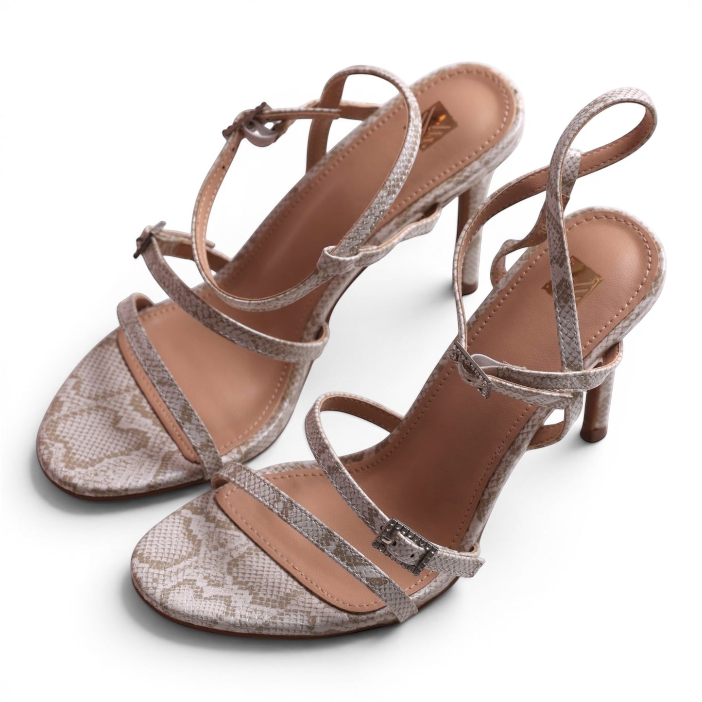 Moda Ug Strappy Snake Print Heeled Sandals with buckle closure and adjustable straps in neutral tones.
