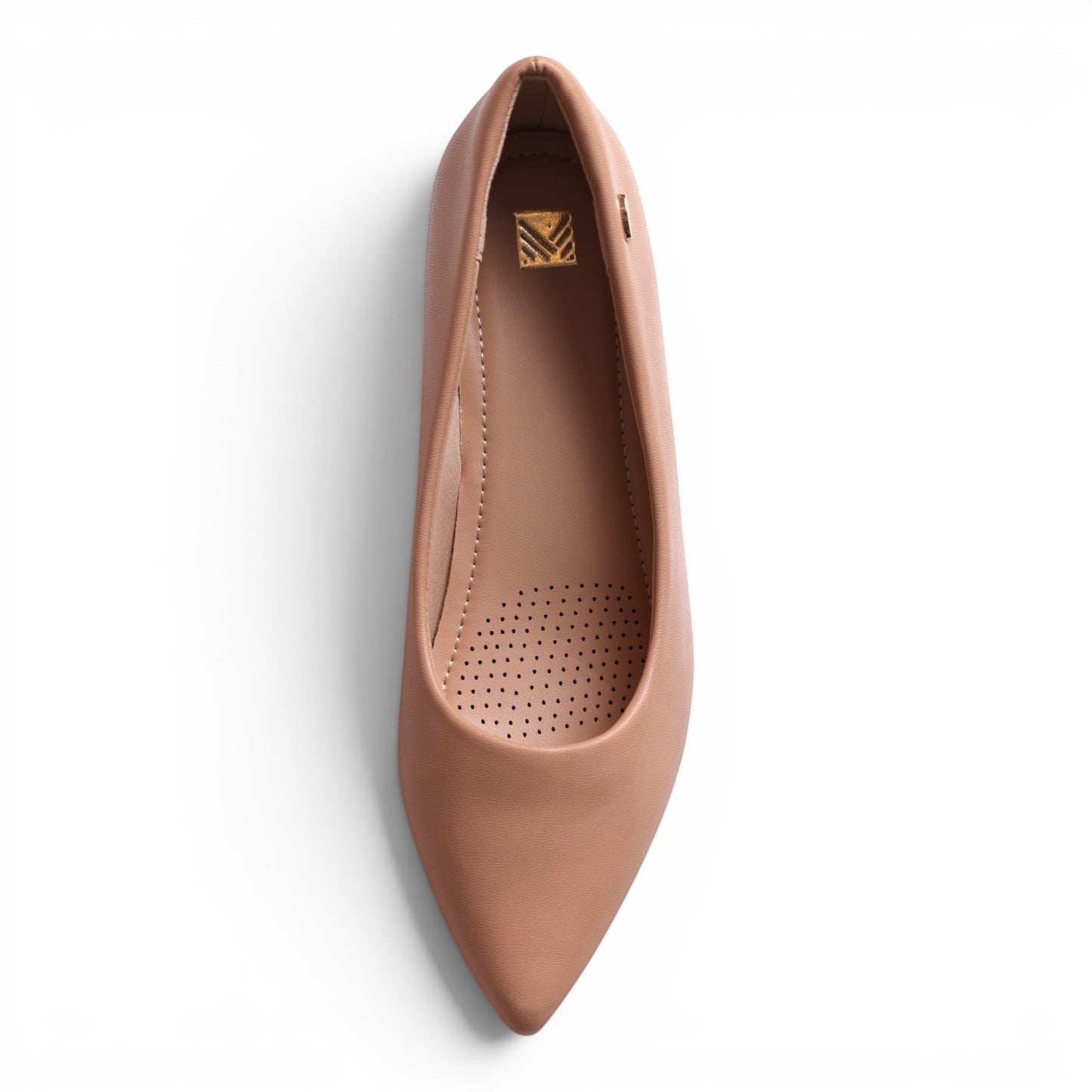 Moda Ug women's pointed-toe ballet flats in a soft tan faux leather with perforated insole.