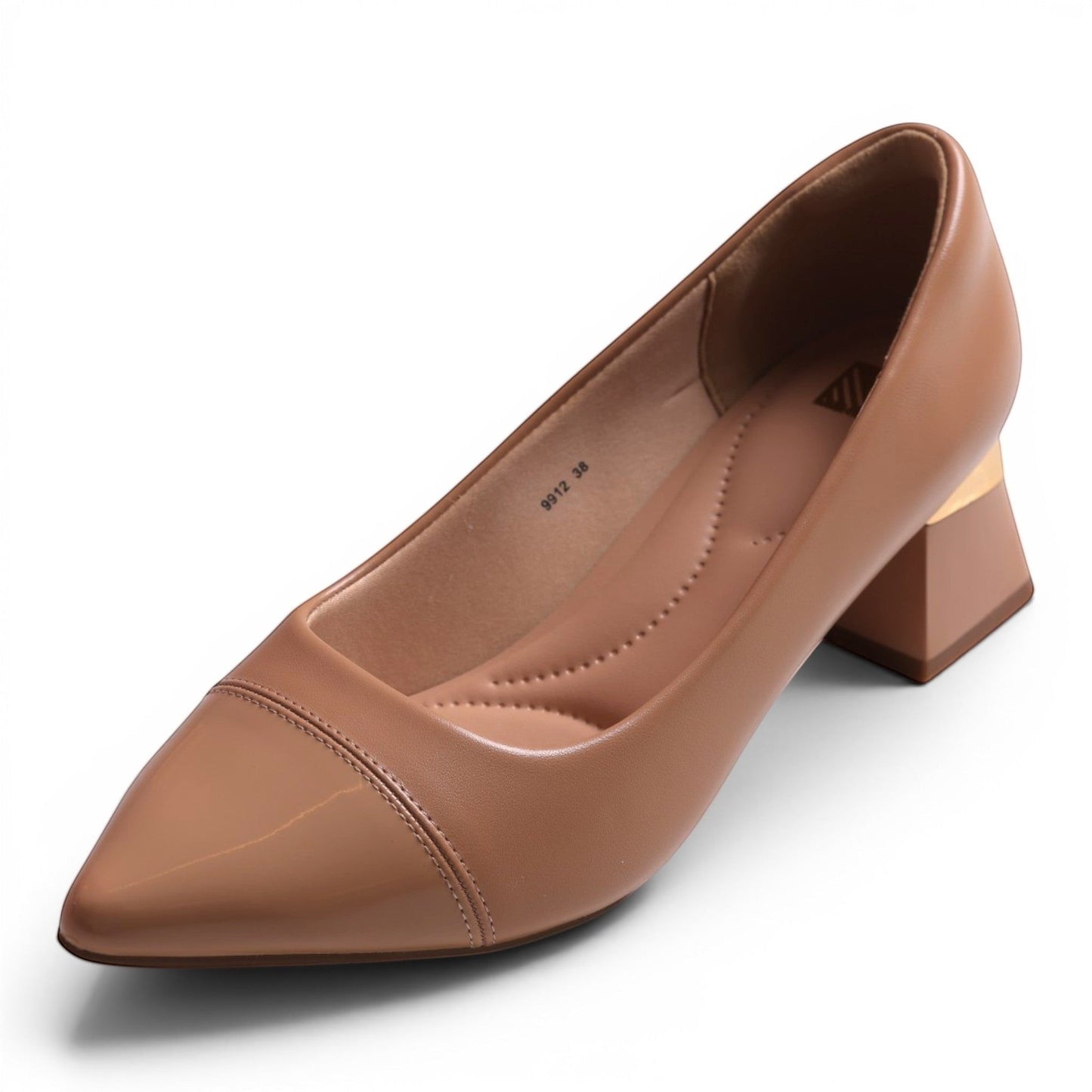 Moda Ug women's tan leather pointed-toe block heel pumps with gold accent