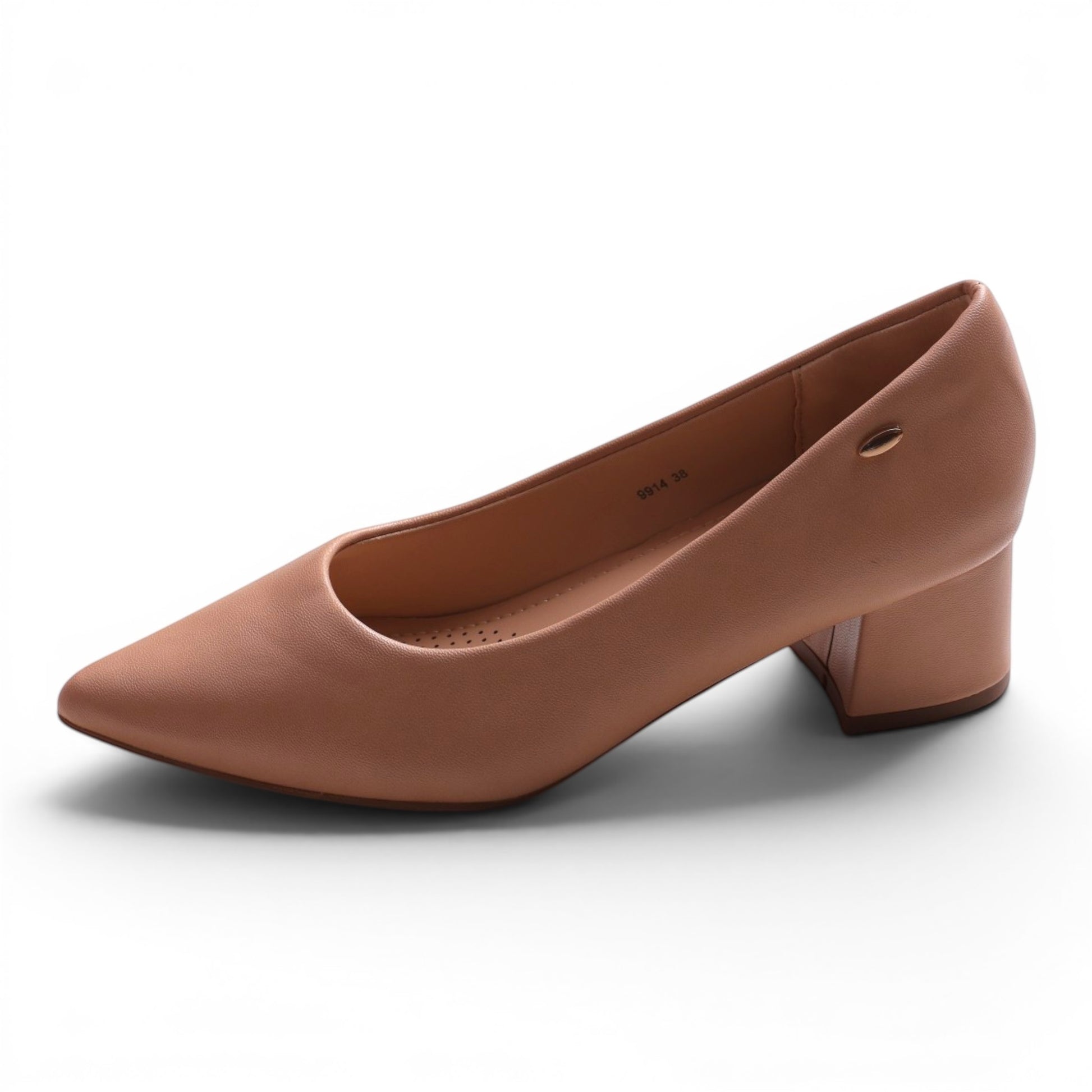 Moda Ug tan leather pointed-toe block heel pumps with a subtle gold accent.