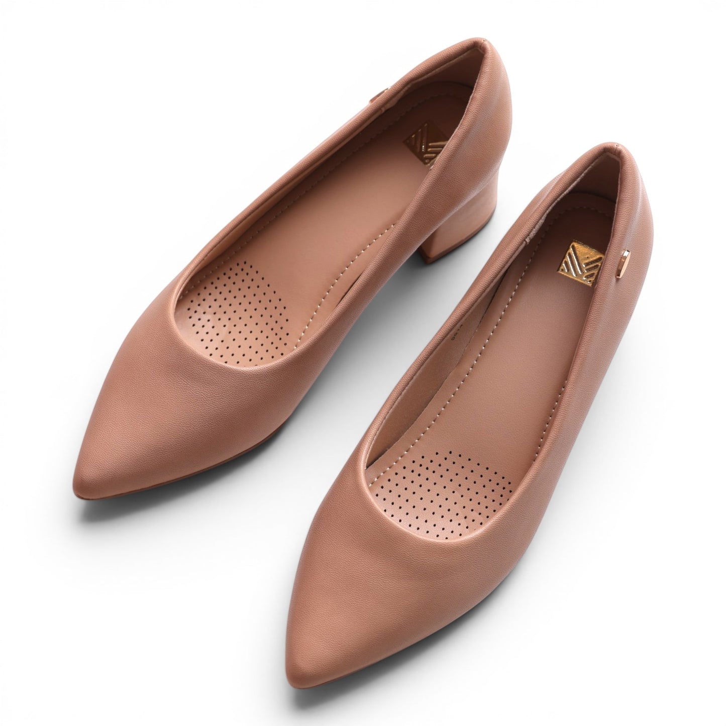 Moda Ug women's tan leather pointed-toe low-heel pumps with perforated insoles.