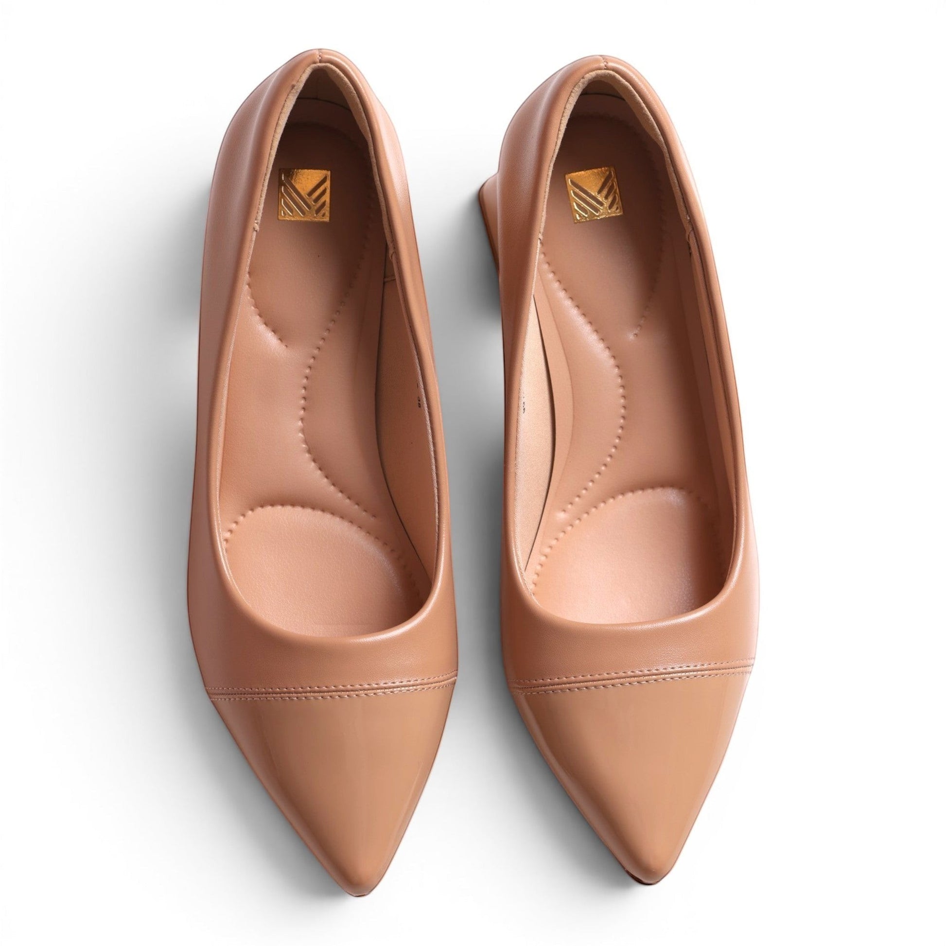 Moda Ug women's tan pointed-toe ballet flats with cushioned insoles and gold logo detail.