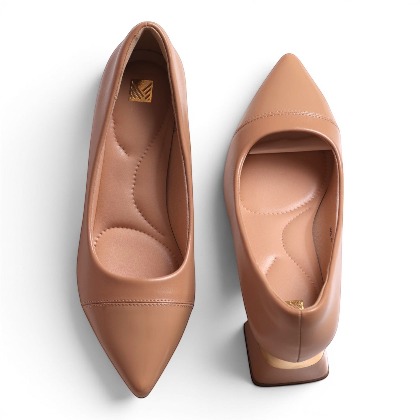 Moda Ug women's tan pointed-toe ballet flats with cushioned insoles and a low block heel.