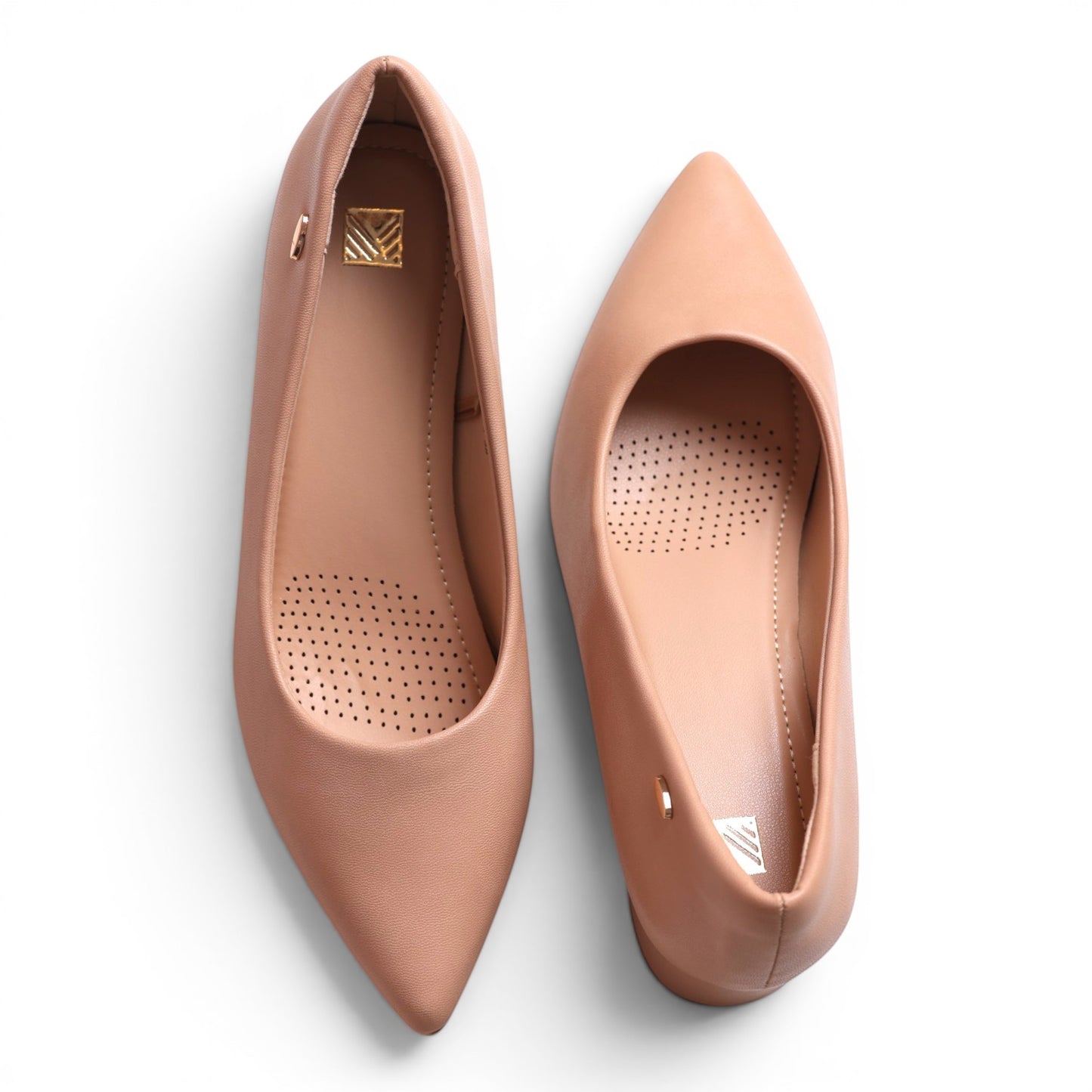 Moda Ug women's tan pointed-toe ballet flats with perforated insoles and gold logo detail.