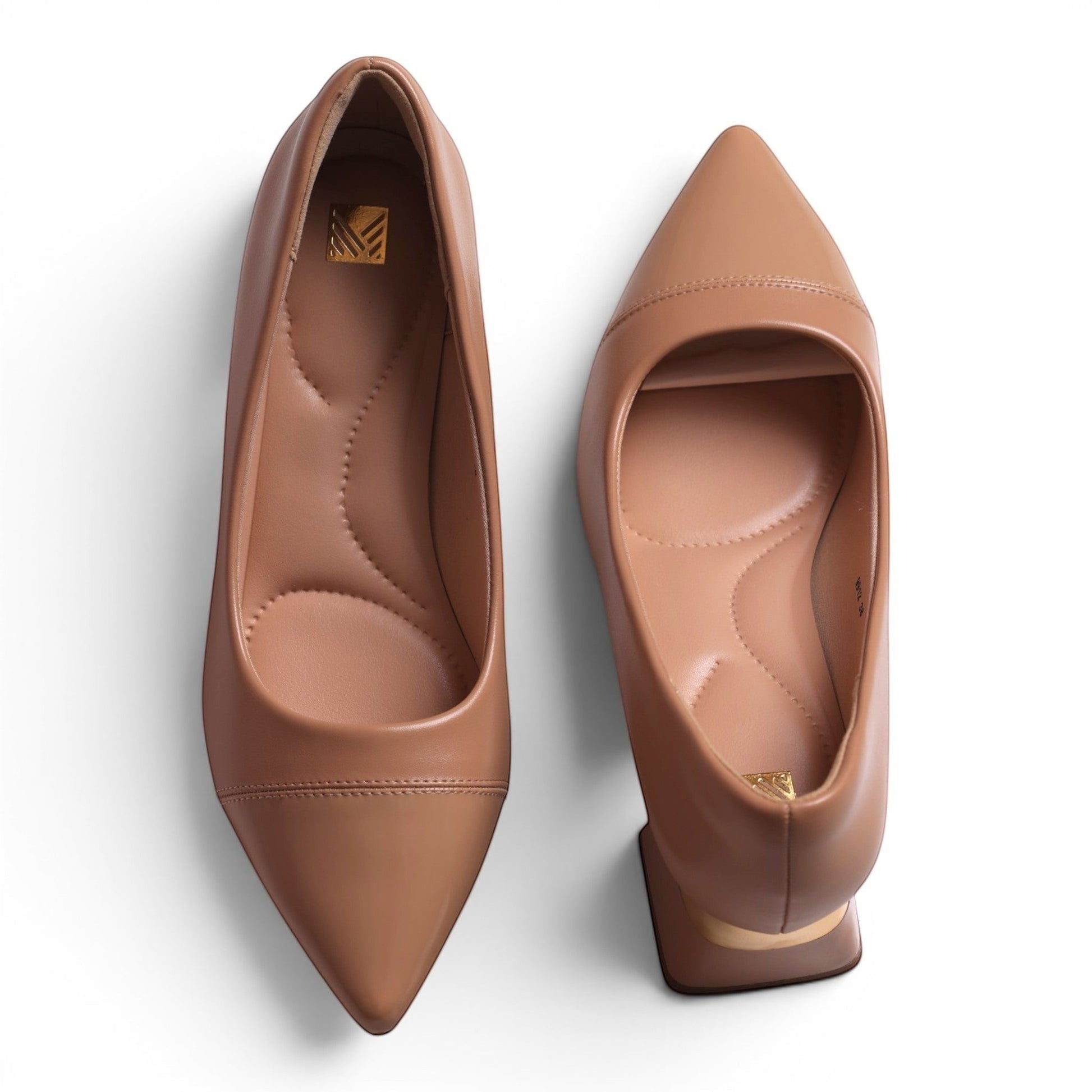 Moda Ug women's tan pointed-toe flats with cushioned insoles and a gold accent on the heel.