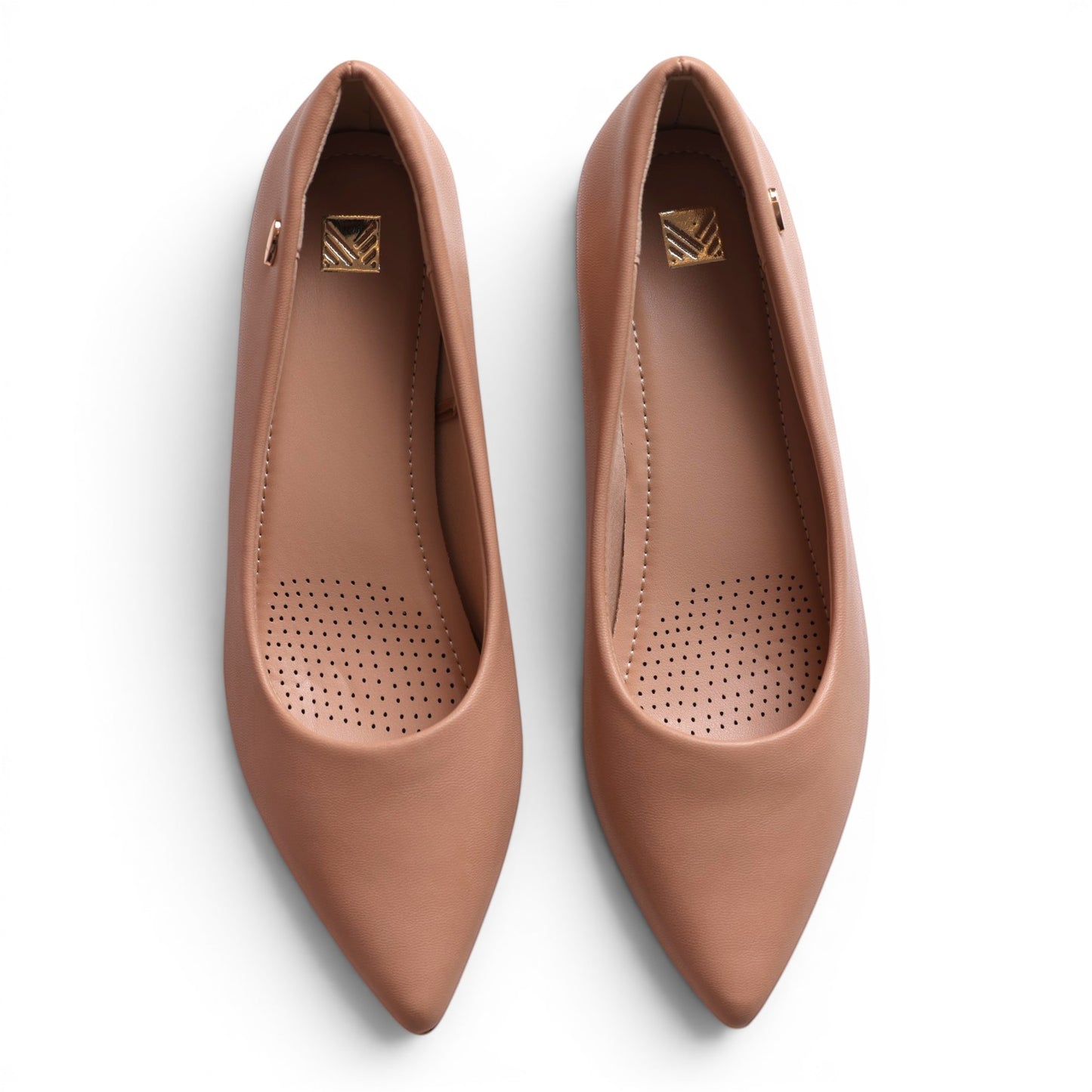 Moda Ug women's tan pointed-toe ballet flats with perforated insoles and gold logo detail.