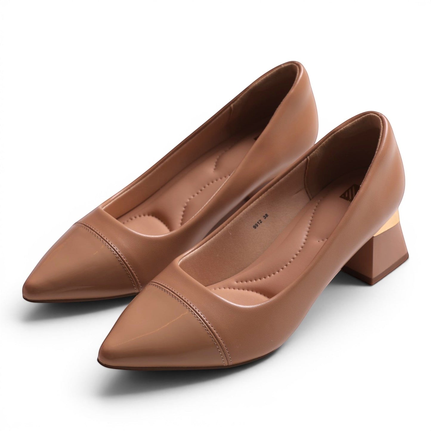Moda Ug women's tan pointed-toe block heel pumps with gold accent. Faux leather.