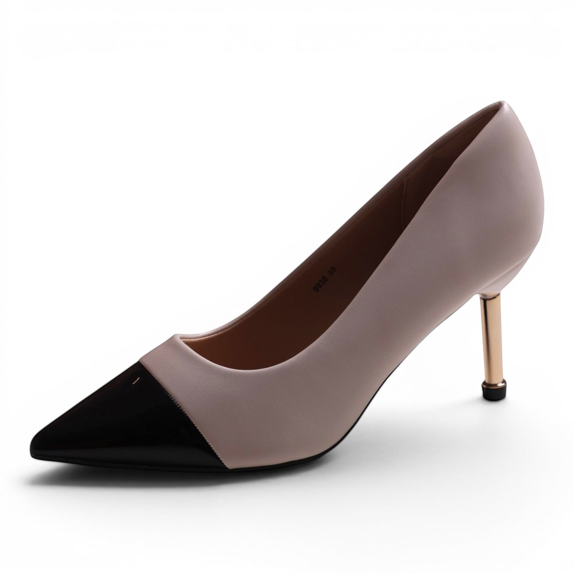 Moda Ug taupe and black patent toe cap pointed toe stiletto heel pump shoe