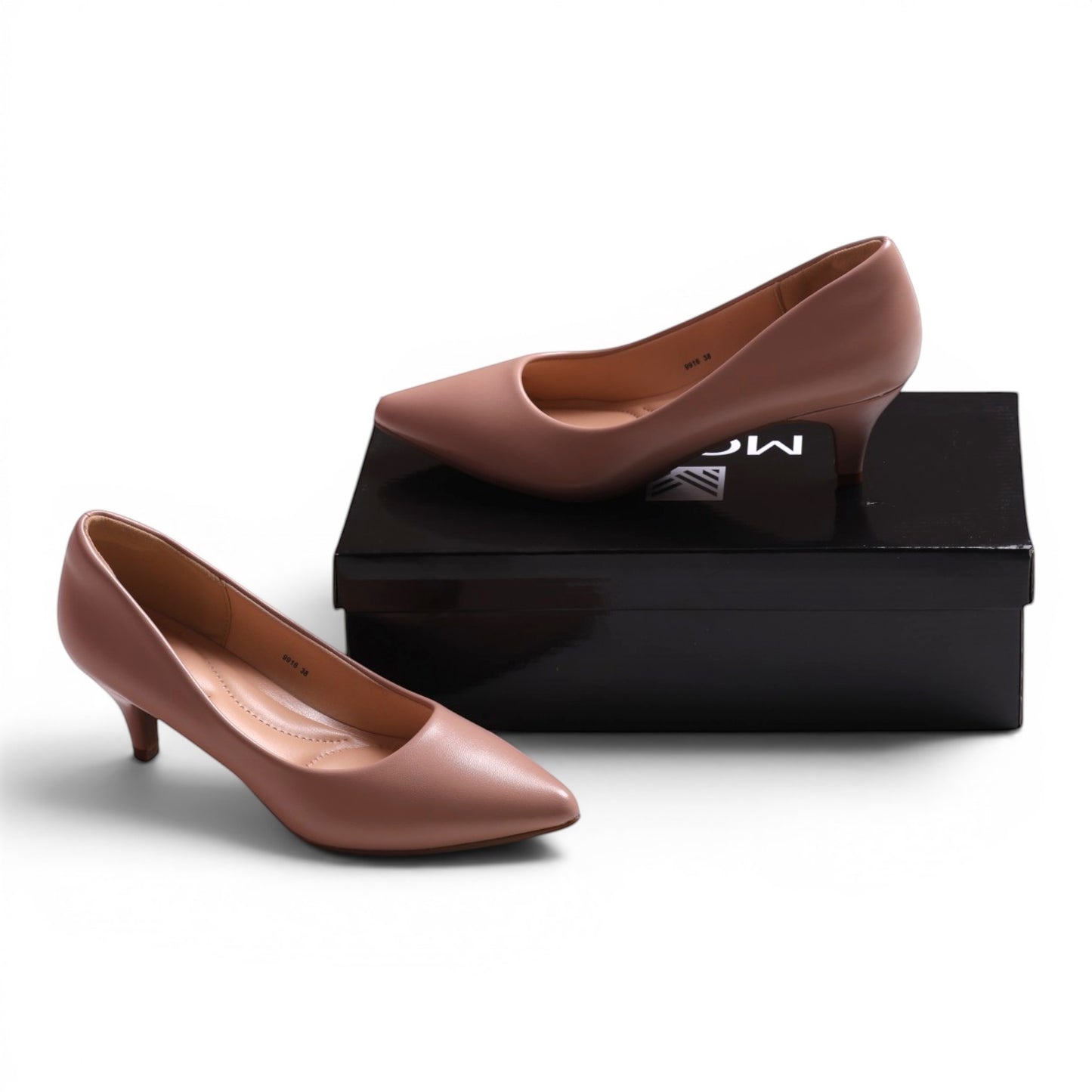 Moda Ug taupe leather pointed-toe kitten heel pumps with a low heel.