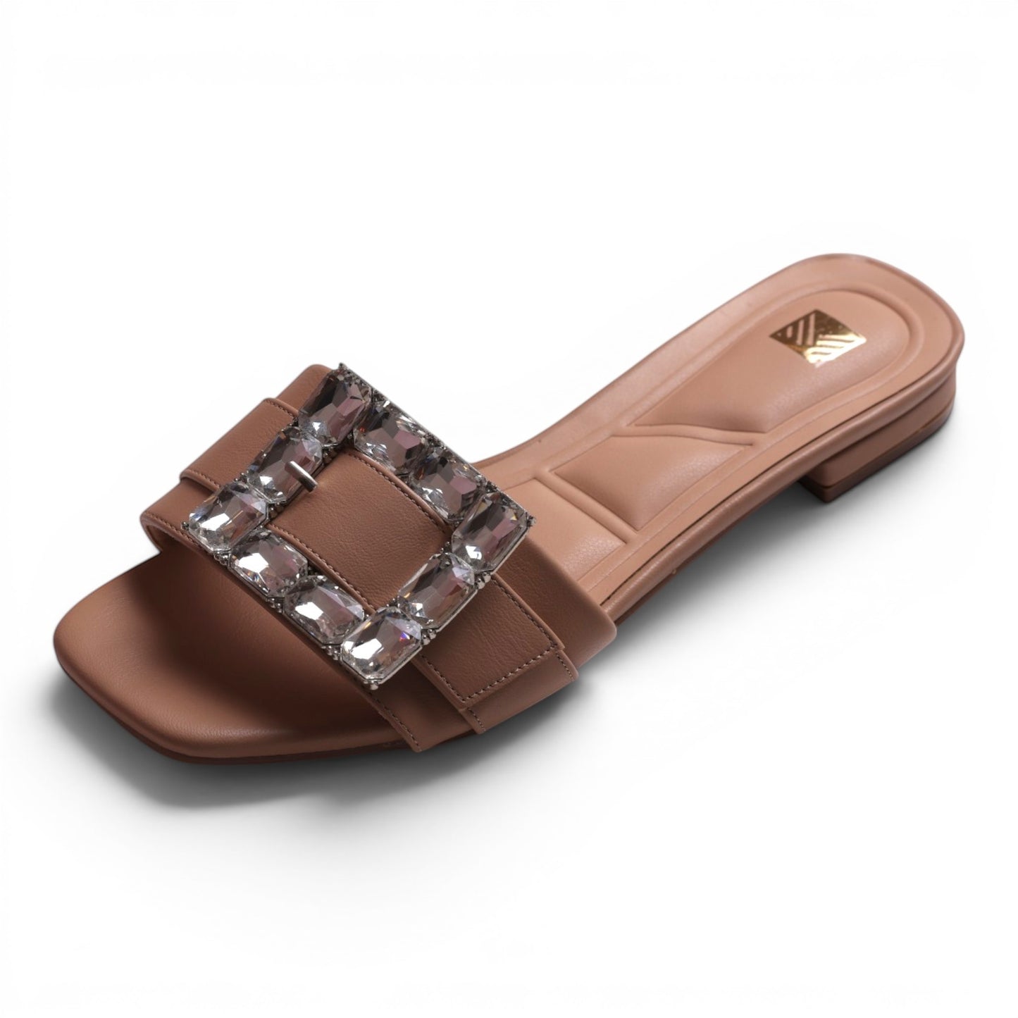 Moda Ug women's taupe slide sandals with square crystal embellishment on strap.