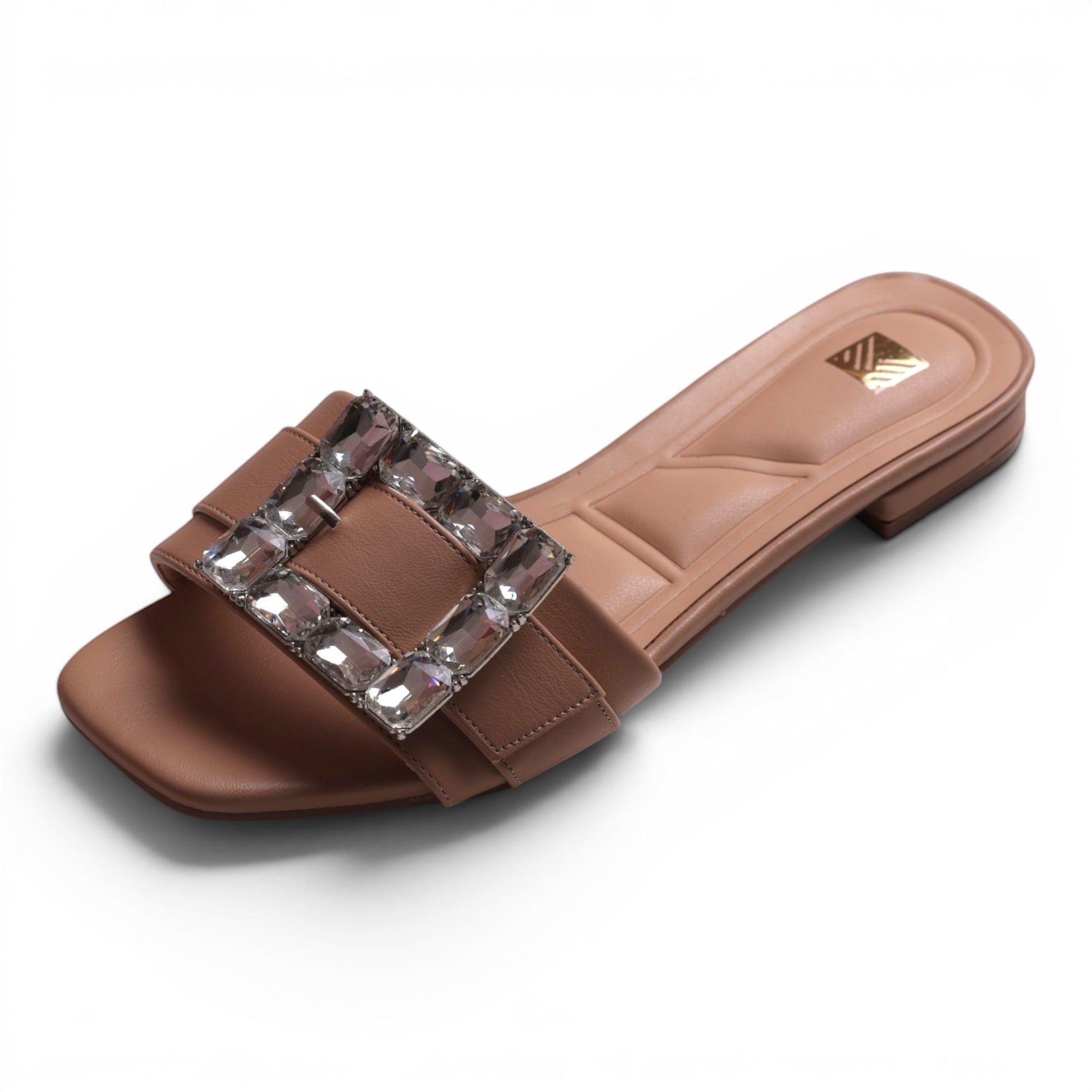 Moda Ug women's taupe slide sandals with square crystal embellishment on strap.