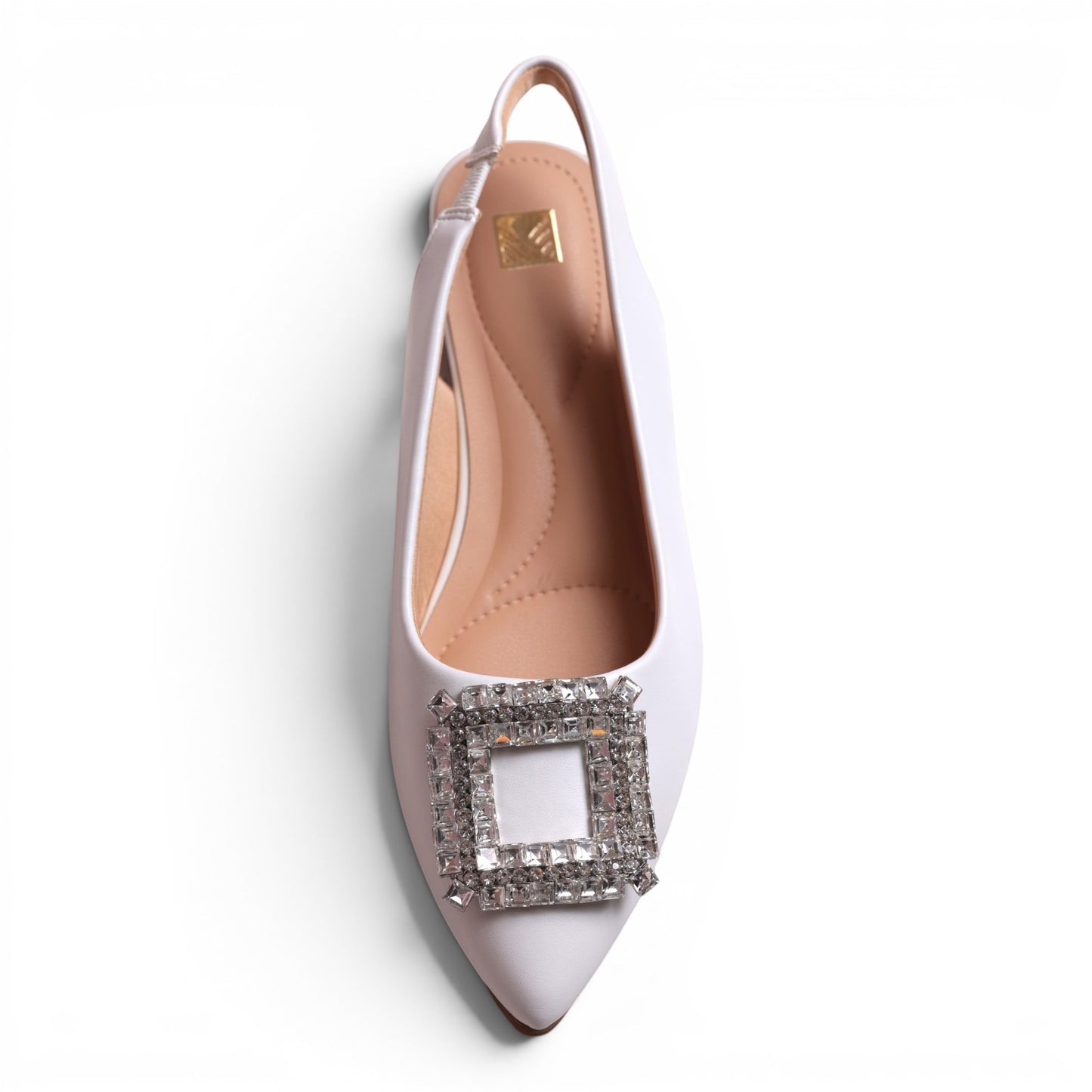 Moda Ug white satin-like pointed toe slingback flats with crystal square buckle